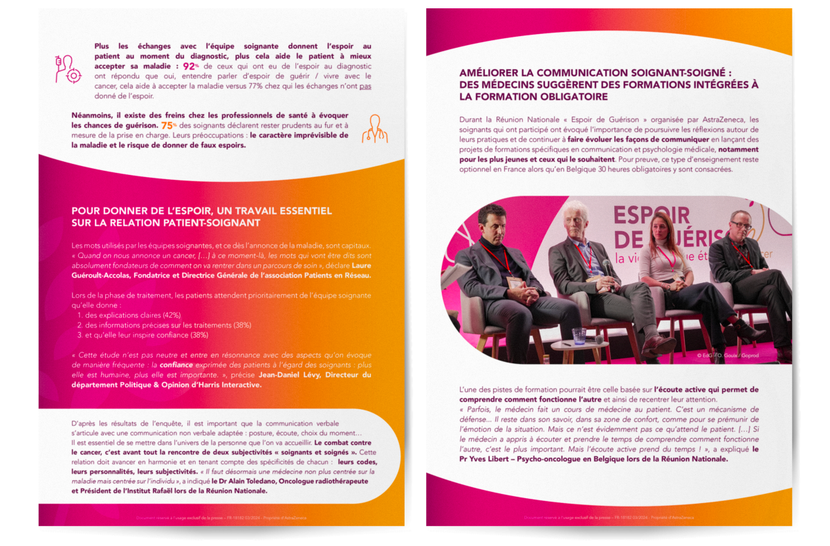 Création graphique de pages éditoriales pour un communiqué de presse médical sur le cancer réalisée par un graphiste freelance à Paris en France