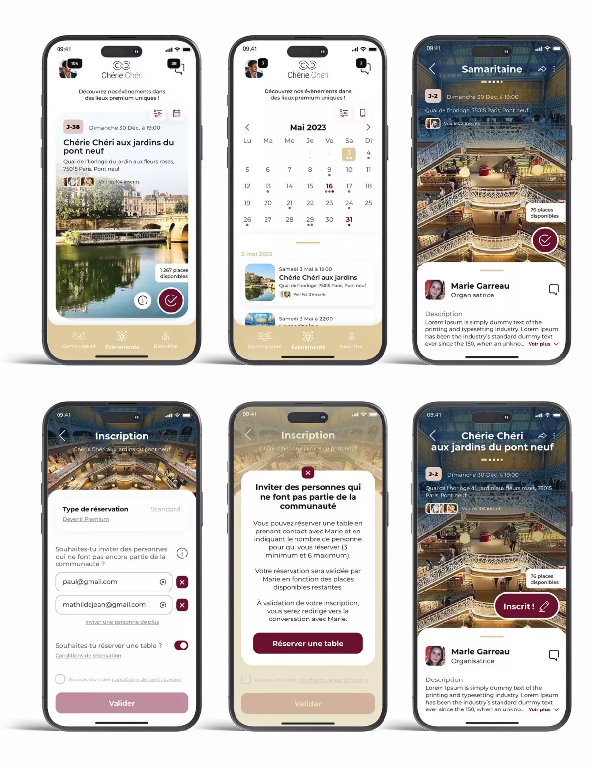 Application mobile événementielle avec calendrier, réservation et fiches d’événements conçue par un UX UI designer à Paris en France