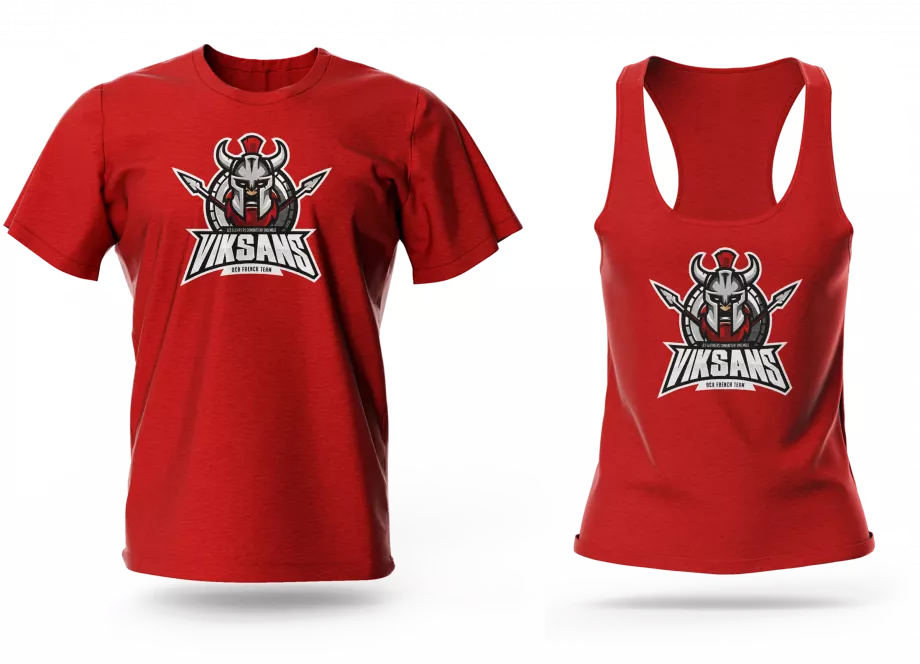 Logo Viksans sur t-shirt rouge OCR textile sport design graphique Paris création identité visuelle France