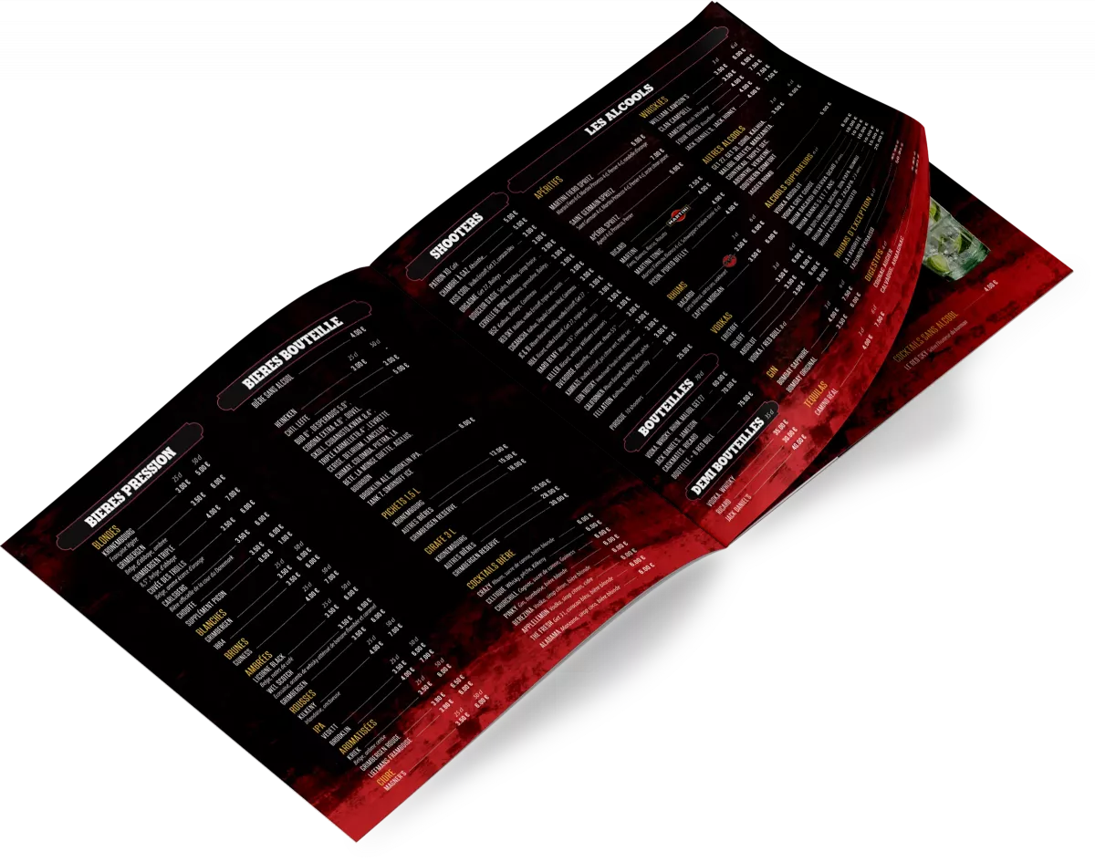 Menu bar boissons alcools bières shooters design graphique Avignon carte Red Sky lisibilité UX print France