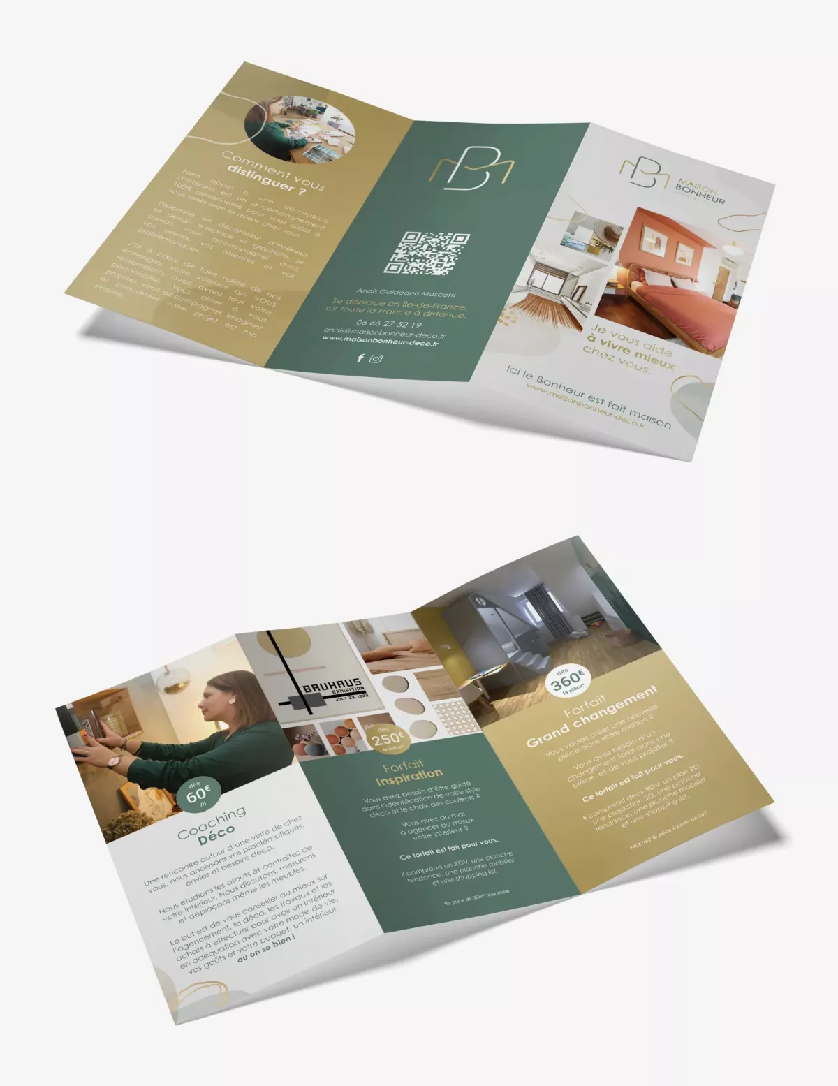Flyer 3 volets décoratrice intérieur mise en page Maison Bonheur Paris graphiste freelance Ile-de-France France