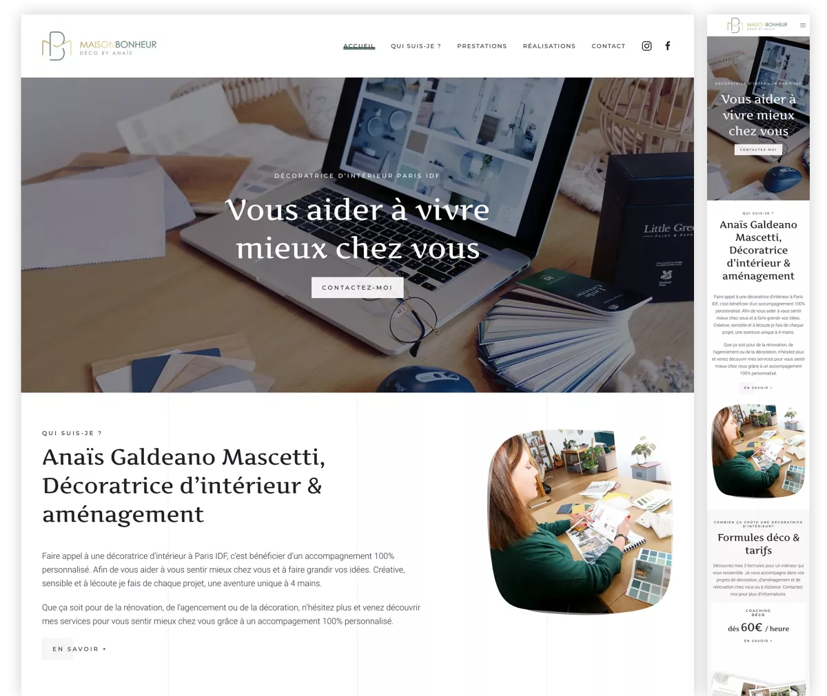 Vue complète du site internet responsive Maison Bonheur créée par un webdesigner freelance à Paris spécialisé en UX UI et SEO