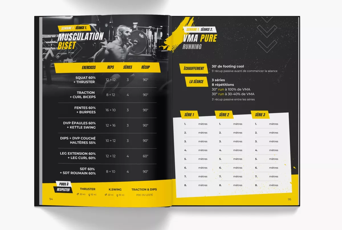 Mise en page de séances sportives et tableaux d’exercices réalisée par un graphiste freelance en France spécialisé en édition et communication sportive