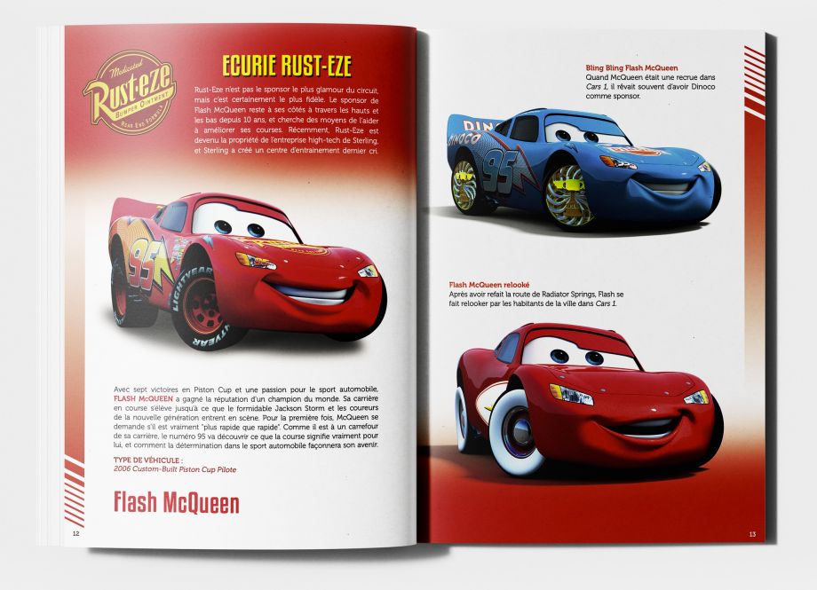 Double page livre Cars Flash McQueen design éditorial mise en page personnage Paris Île-de-France France