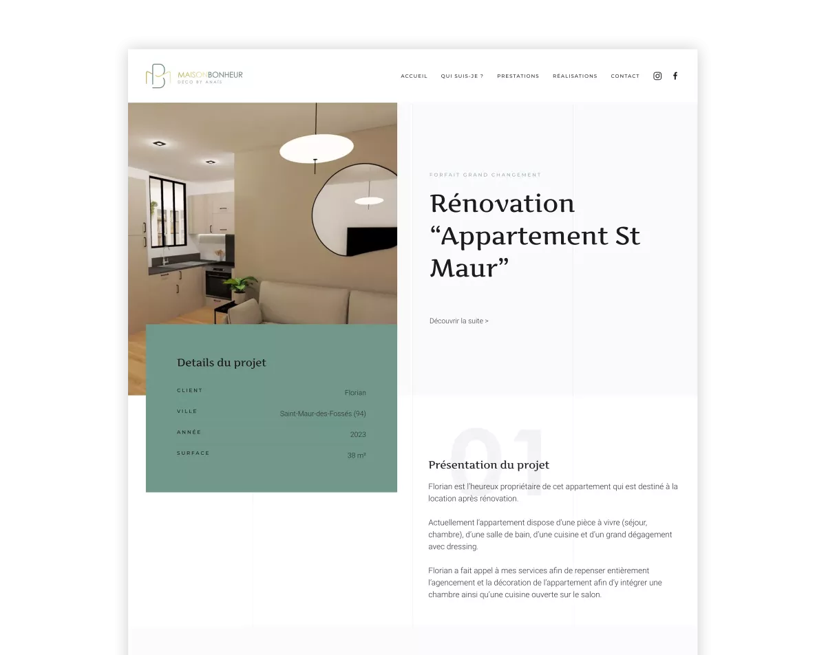 Page projet responsive de décoration d’intérieur créée par un webdesigner freelance à Paris spécialisé en UX UI et référencement SEO en France
