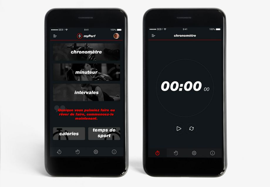 Interface chronomètre application sport UI design mobile fitness Paris Île-de-France France