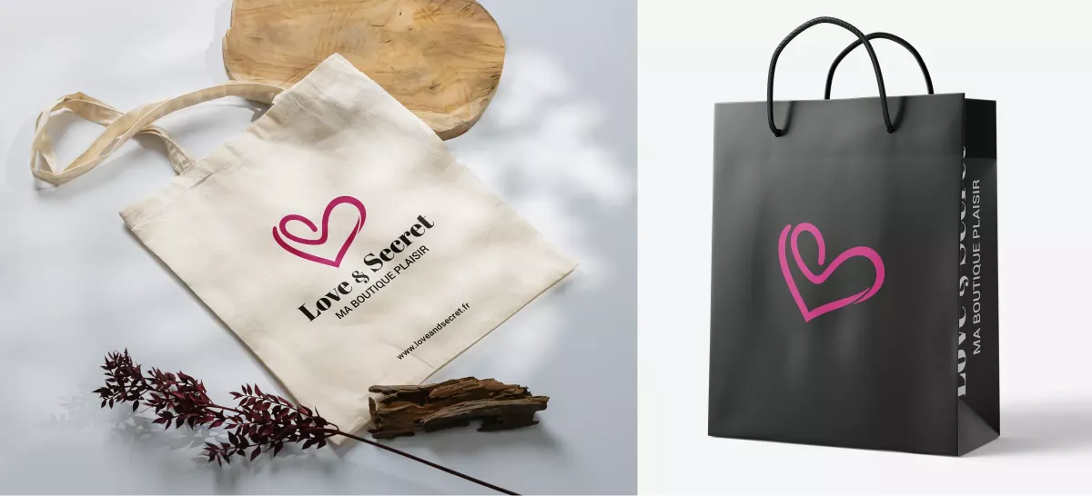 Sacs shopping et packaging Love & Secret créés par un graphiste freelance à Paris spécialisé en branding et design packaging en France