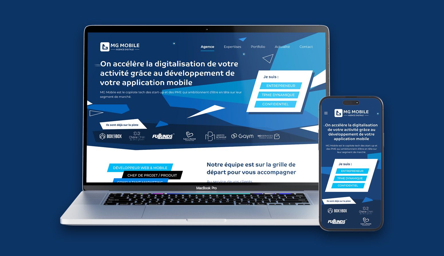 Refonte responsive du site internet MG Mobile affichée sur ordinateur et smartphone réalisée par un webdesigner freelance à Paris en Île-de-France