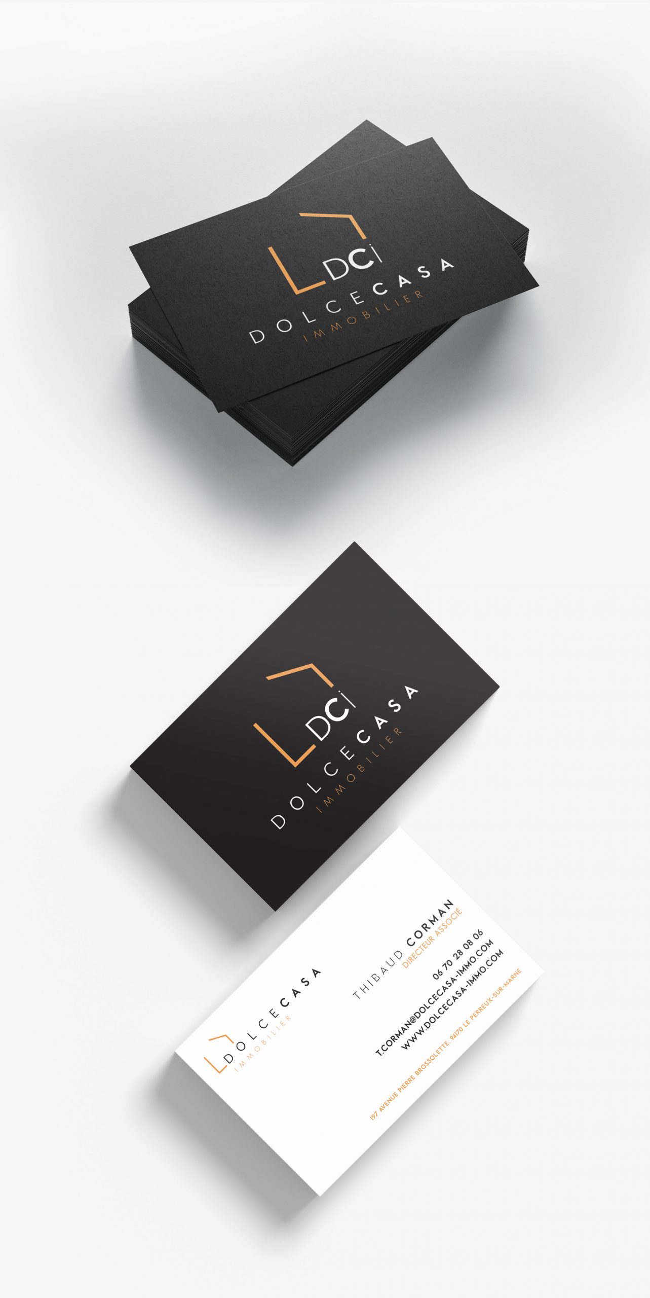 Carte de visite agence immobilière design premium noir orange création graphique Paris Île-de-France France