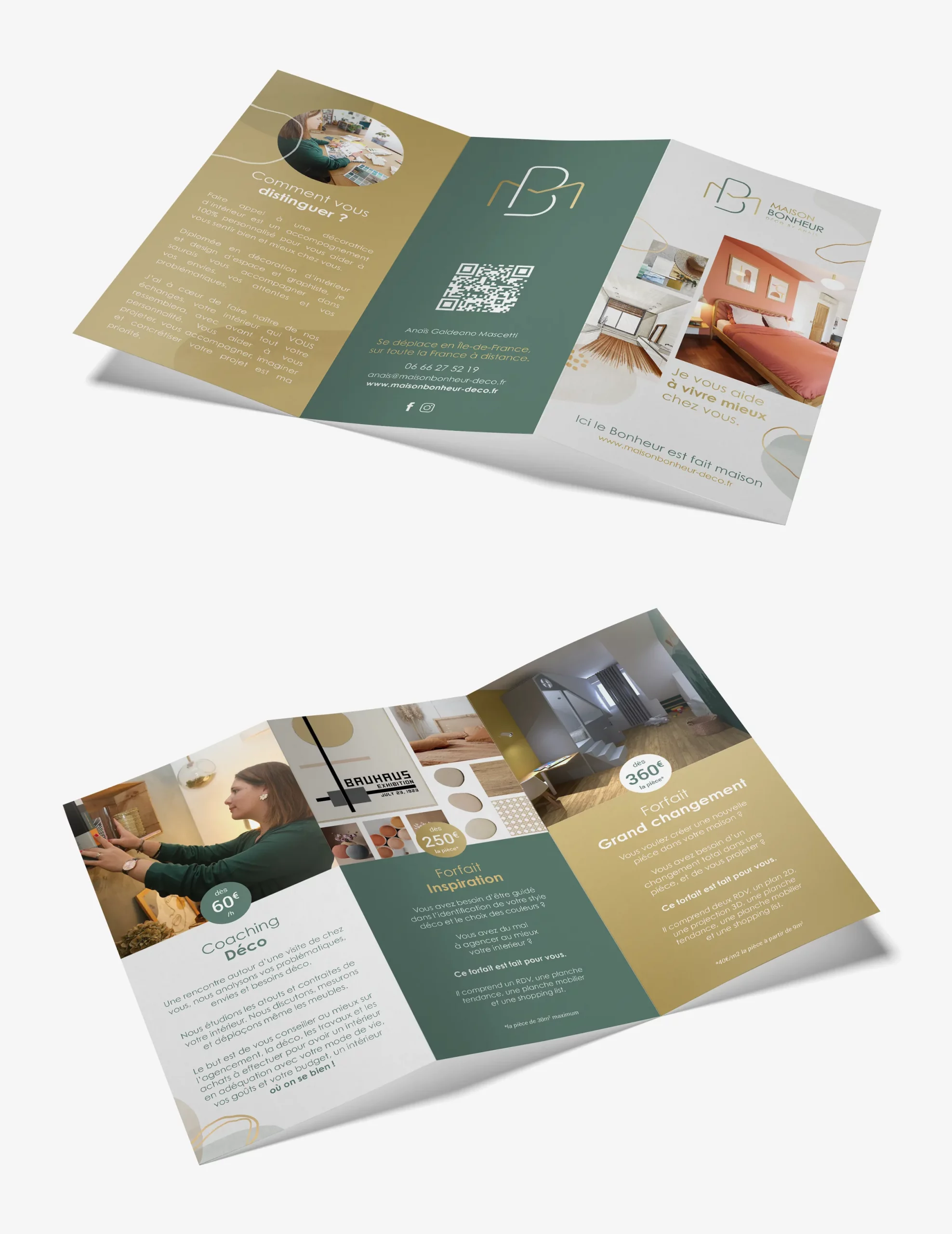 Flyer 3 volets décoratrice intérieur mise en page Maison Bonheur Paris graphiste freelance Ile-de-France France