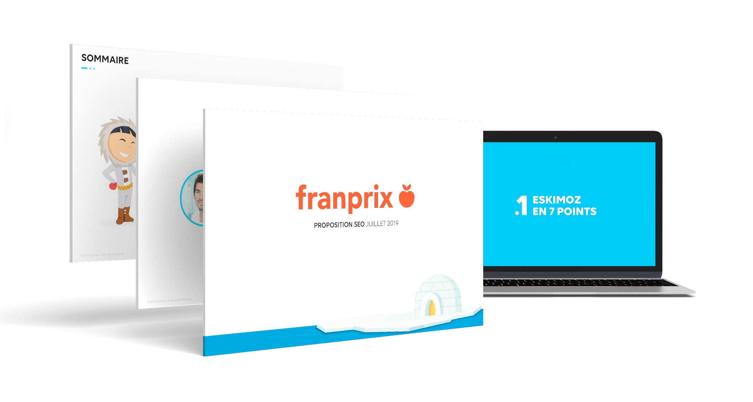 Présentation PowerPoint SEO Eskimoz sur ordinateur design slide réunion client graphiste freelance Paris France