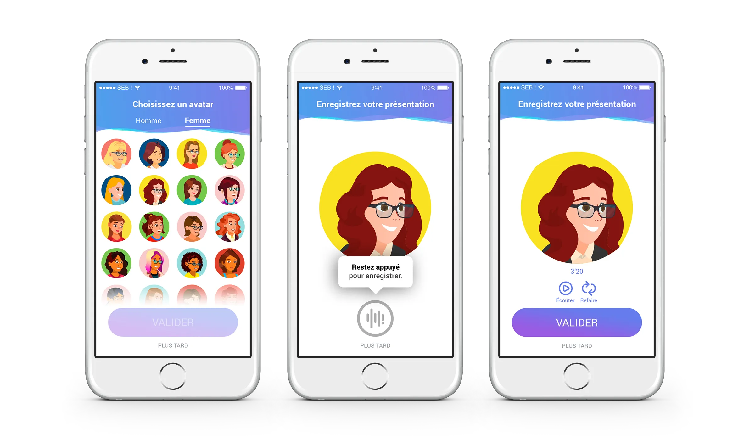 Interface enregistrement message vocal application mobile UX design Vokal Paris Île-de-France France réseau social audio