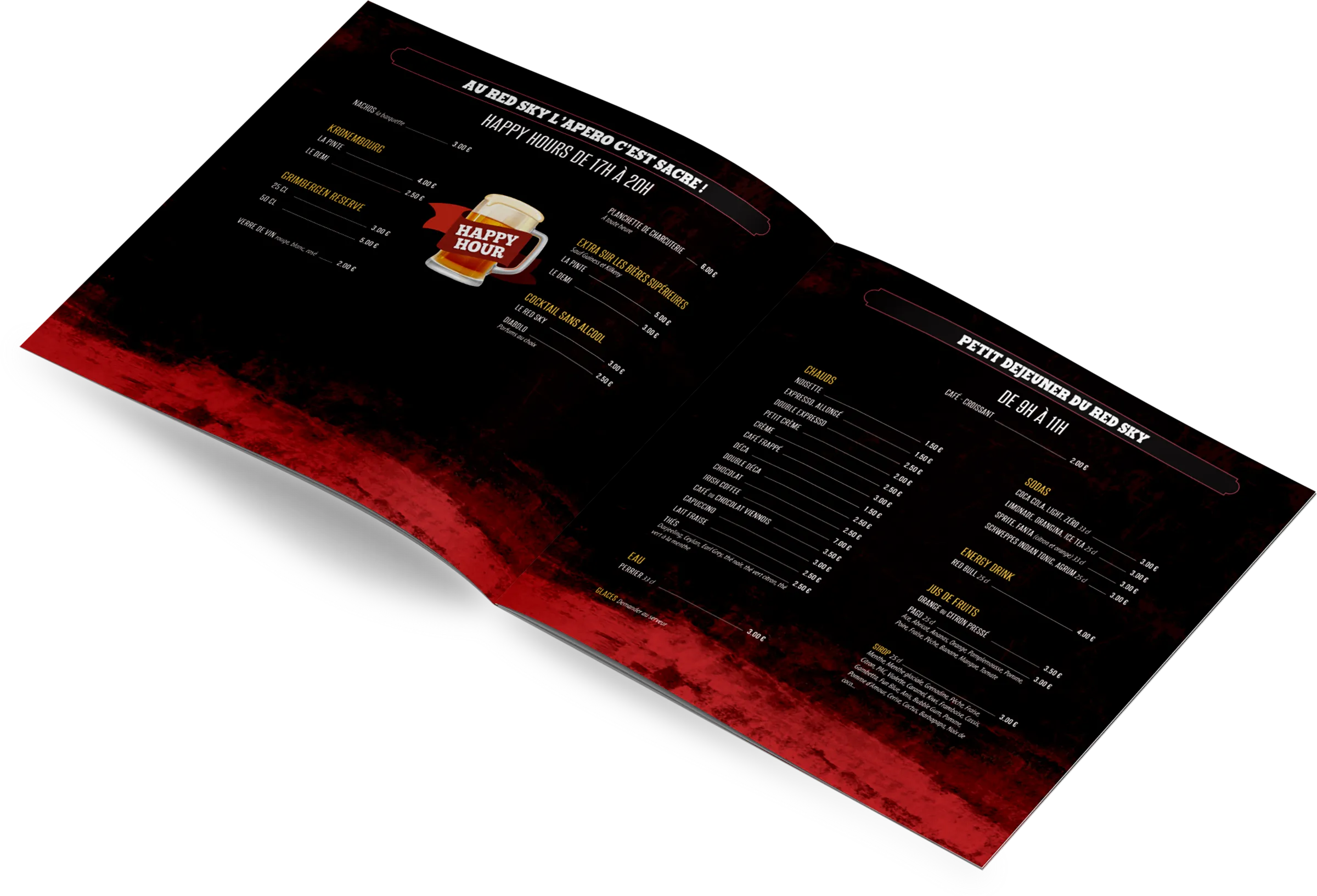 Carte boissons bar Avignon happy hour menu design graphique lisibilité nuit Red Sky création France