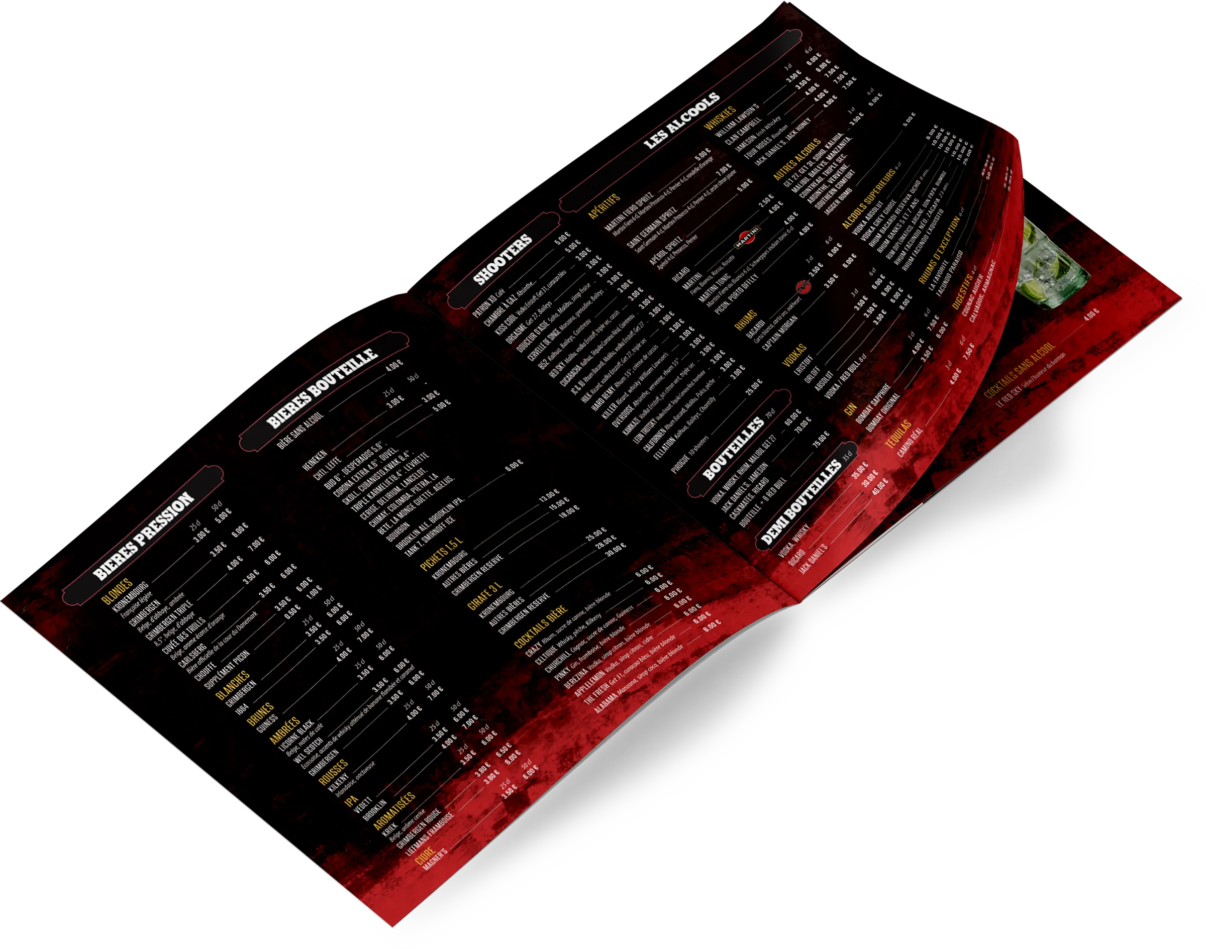 Menu bar boissons alcools bières shooters design graphique Avignon carte Red Sky lisibilité UX print France