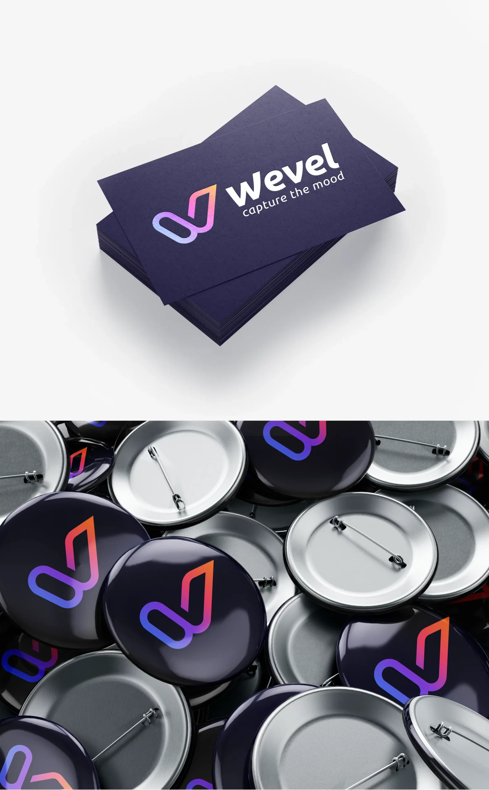 Cartes de visite et badges branding Wevel application soirée design graphique Paris Ile-de-France France