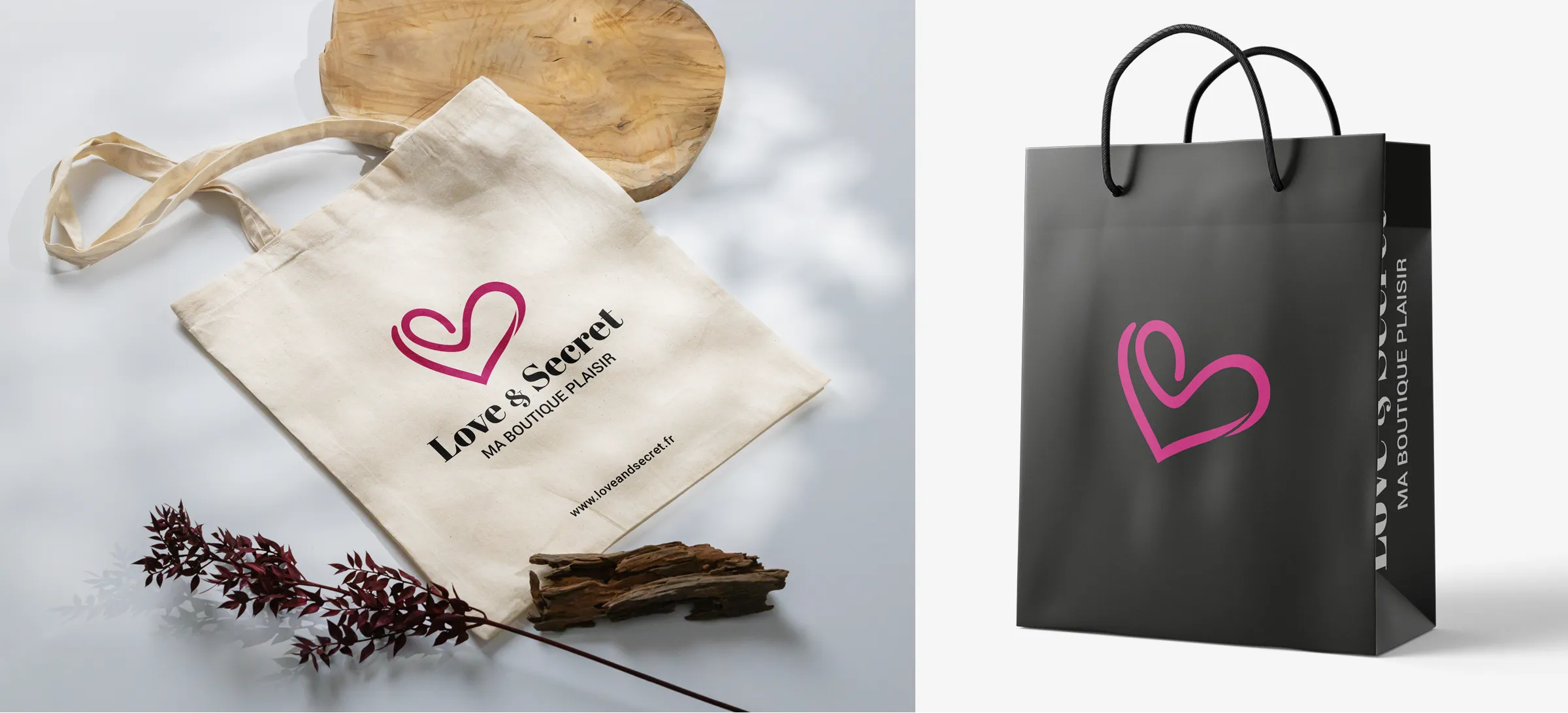 Sacs shopping et packaging Love & Secret créés par un graphiste freelance à Paris spécialisé en branding et design packaging en France