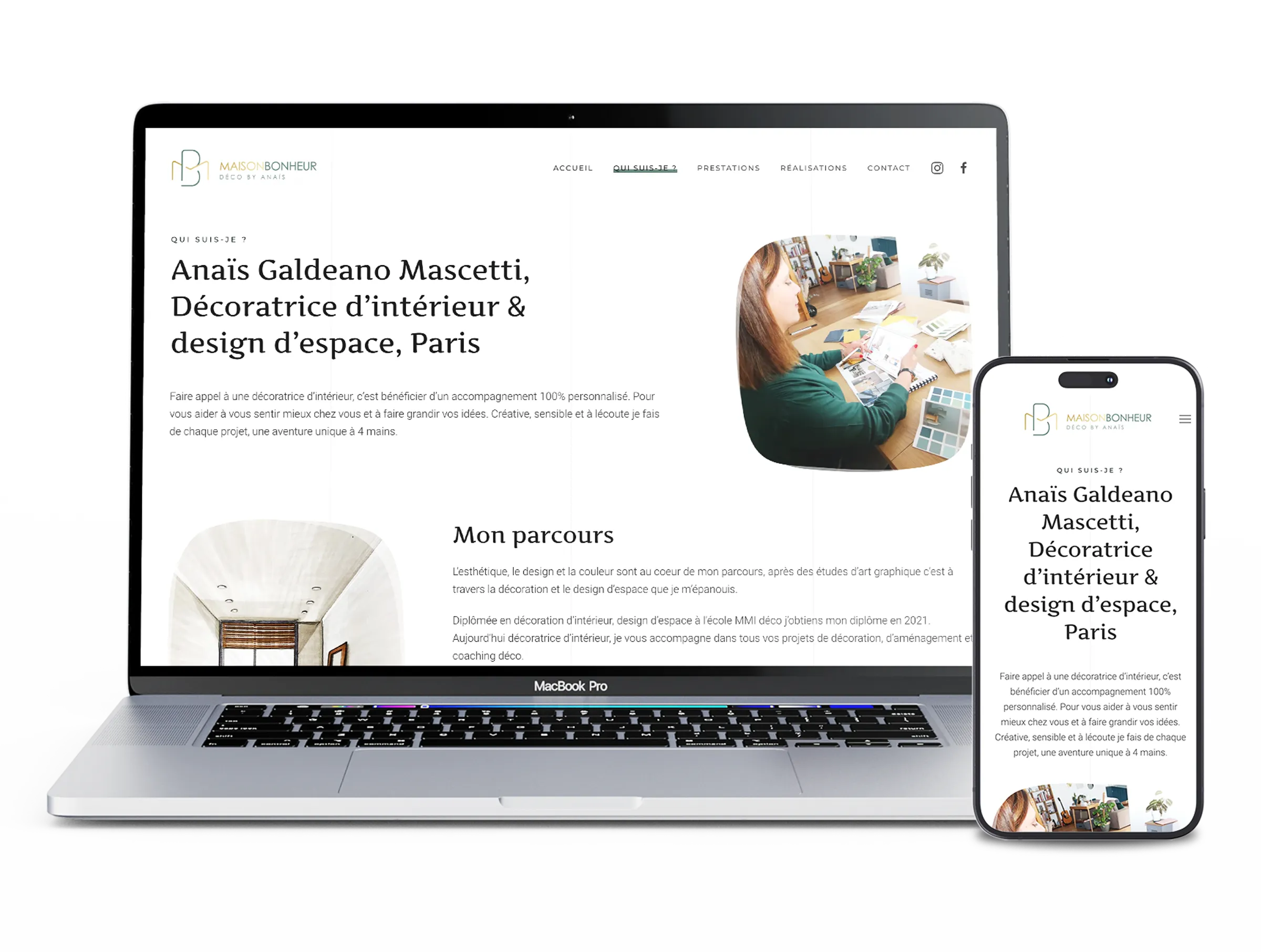 Page de présentation responsive pour décoratrice d’intérieur créée par un webdesigner freelance à Paris spécialisé en création de sites internet