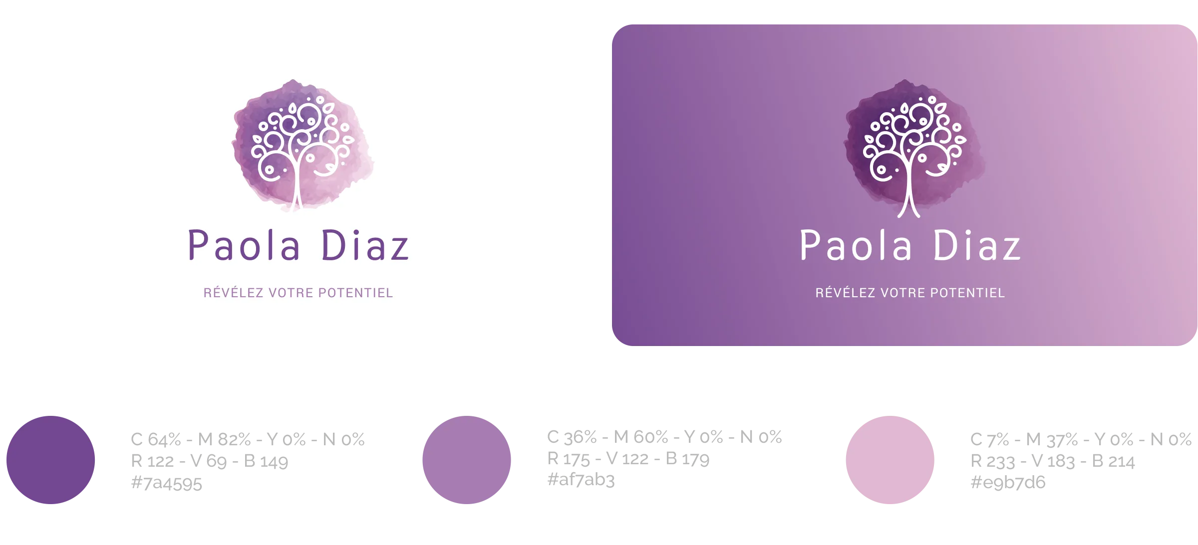 Palette couleur identité visuelle hypnothérapeute violet rose branding bien-être Paris Ile-de-France France
