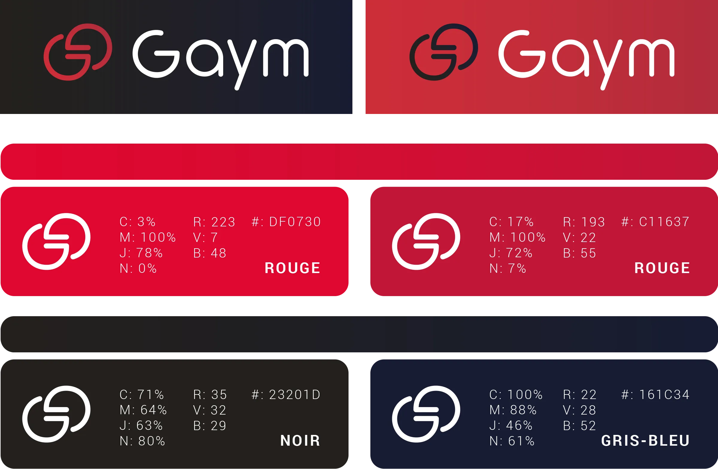Déclinaisons du logo Gaym et identité visuelle créées par un graphiste freelance à Paris spécialisé en branding et direction artistique digitale