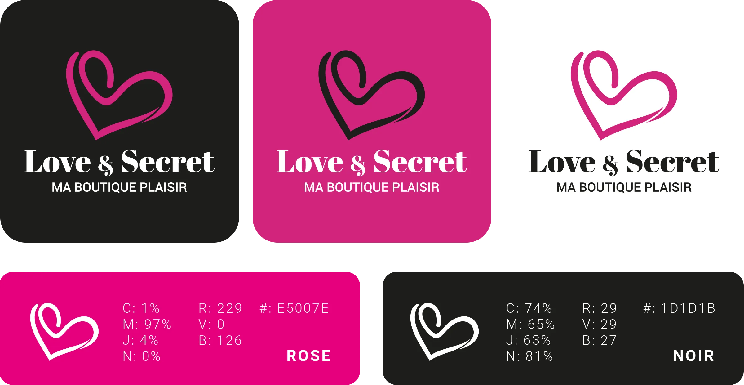 Charte graphique et déclinaisons du logo Love & Secret créées par un graphiste freelance à Paris spécialisé en création d’identité visuelle en France
