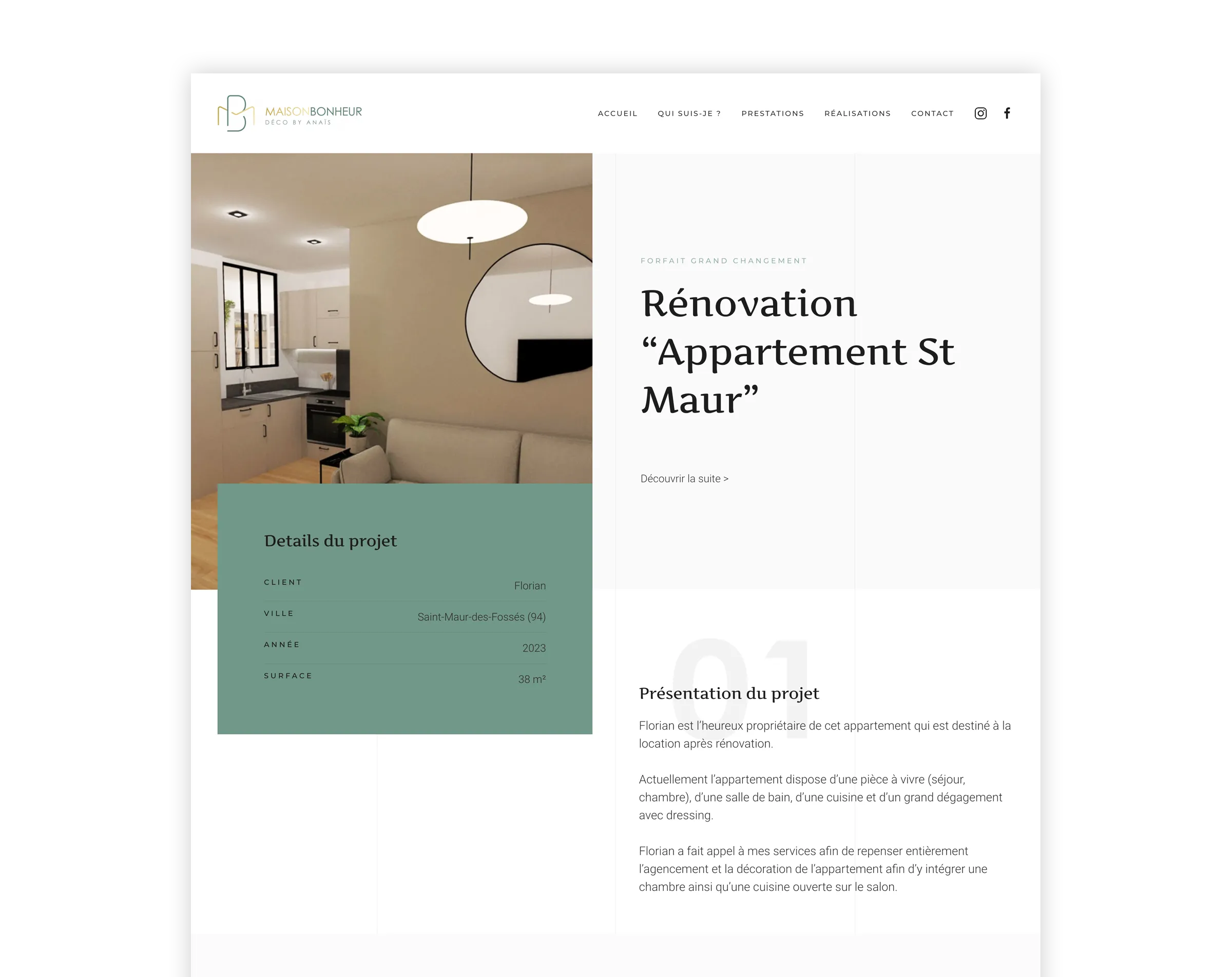 Page projet responsive de décoration d’intérieur créée par un webdesigner freelance à Paris spécialisé en UX UI et référencement SEO en France