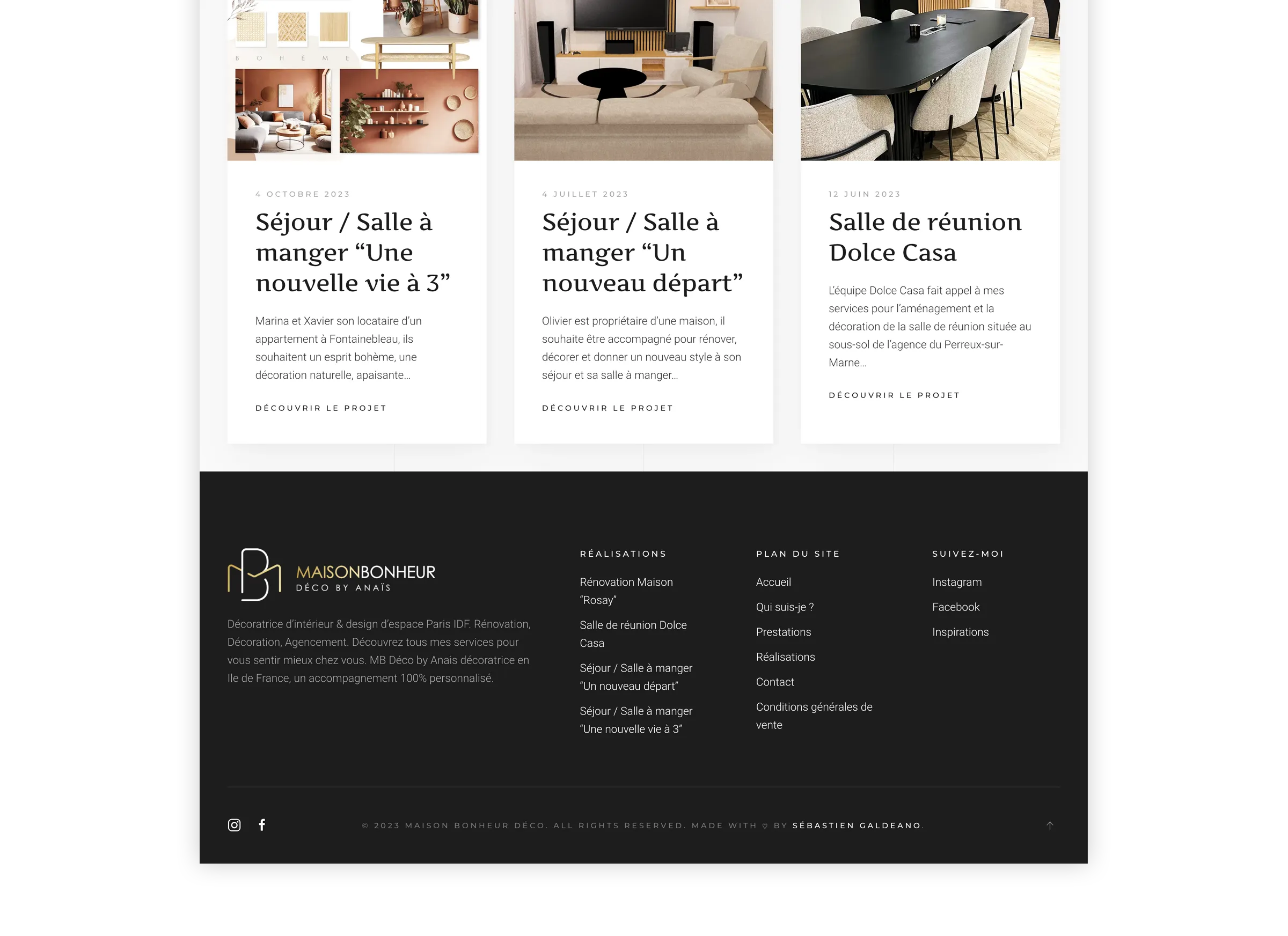 Page projet responsive de décoration d’intérieur créée par un webdesigner freelance à Paris spécialisé en UX UI et référencement SEO en France