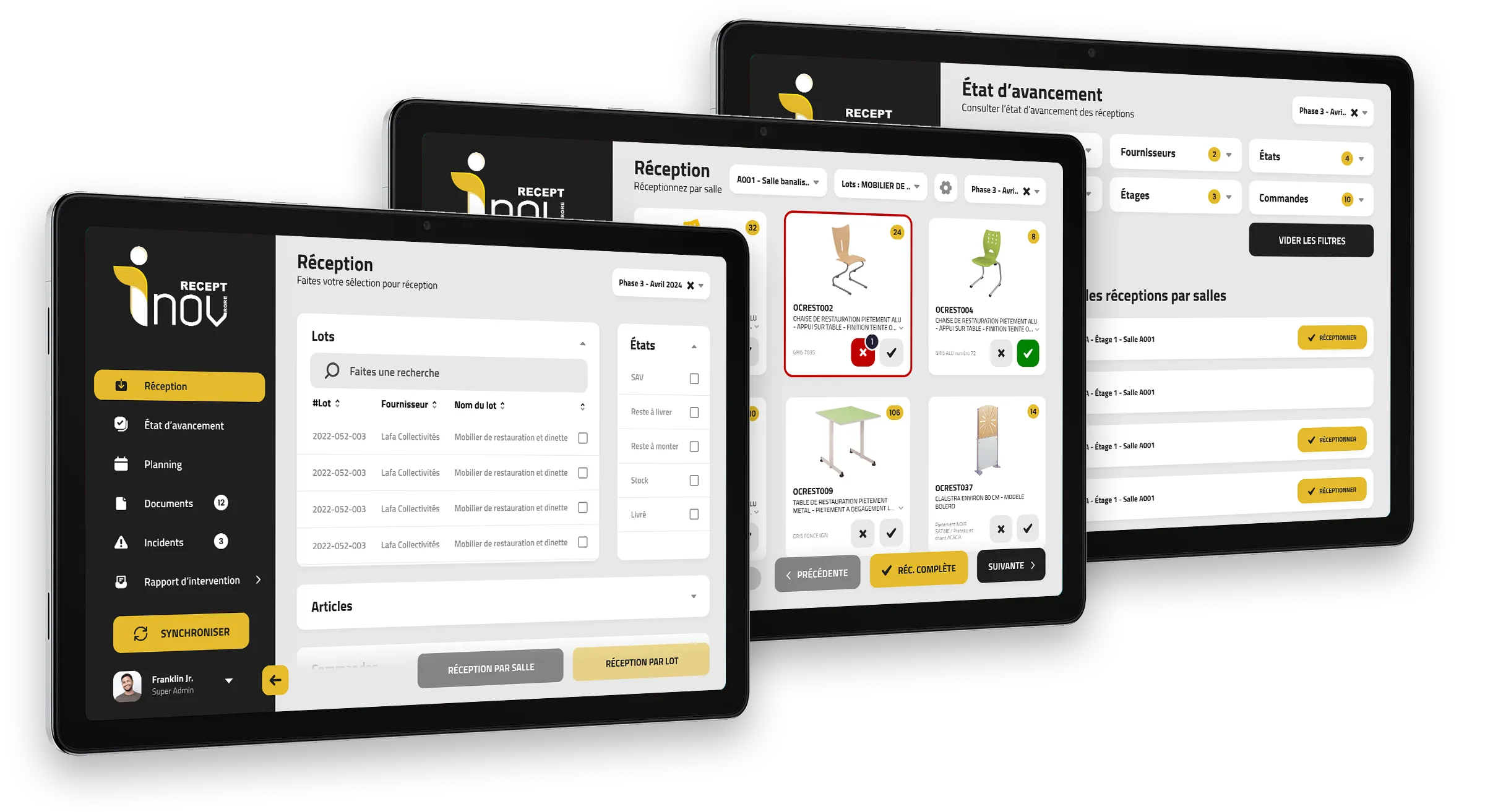 Création UI/UX d'une application tablette de gestion des réceptions de mobilier pour Rore : design d'interface métier ergonomique