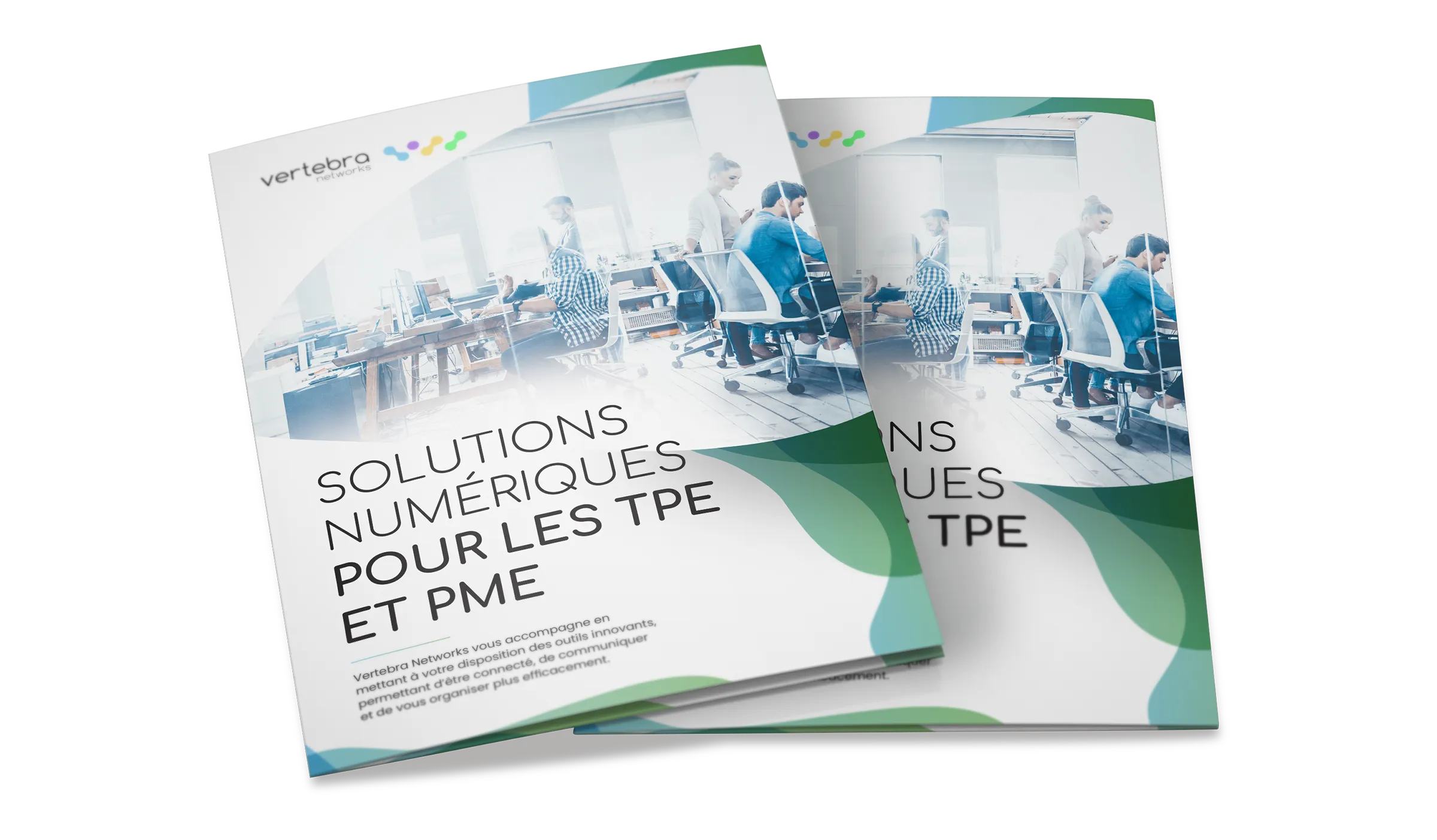 Création d'une plaquette commerciale A4 4 pages pour Vertebra Networks, expert en solutions numériques pour les TPE et PME