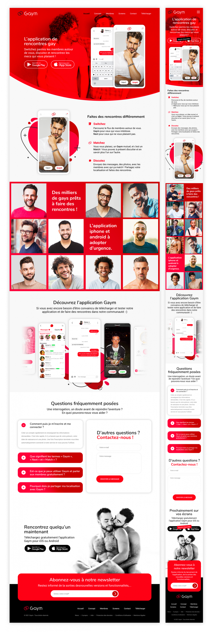 Création de la page d’accueil responsive du site internet de l’application de rencontre Gaym réalisée par un webdesigner freelance à Paris en Île-de-France spécialisé en UX UI design et création de sites web