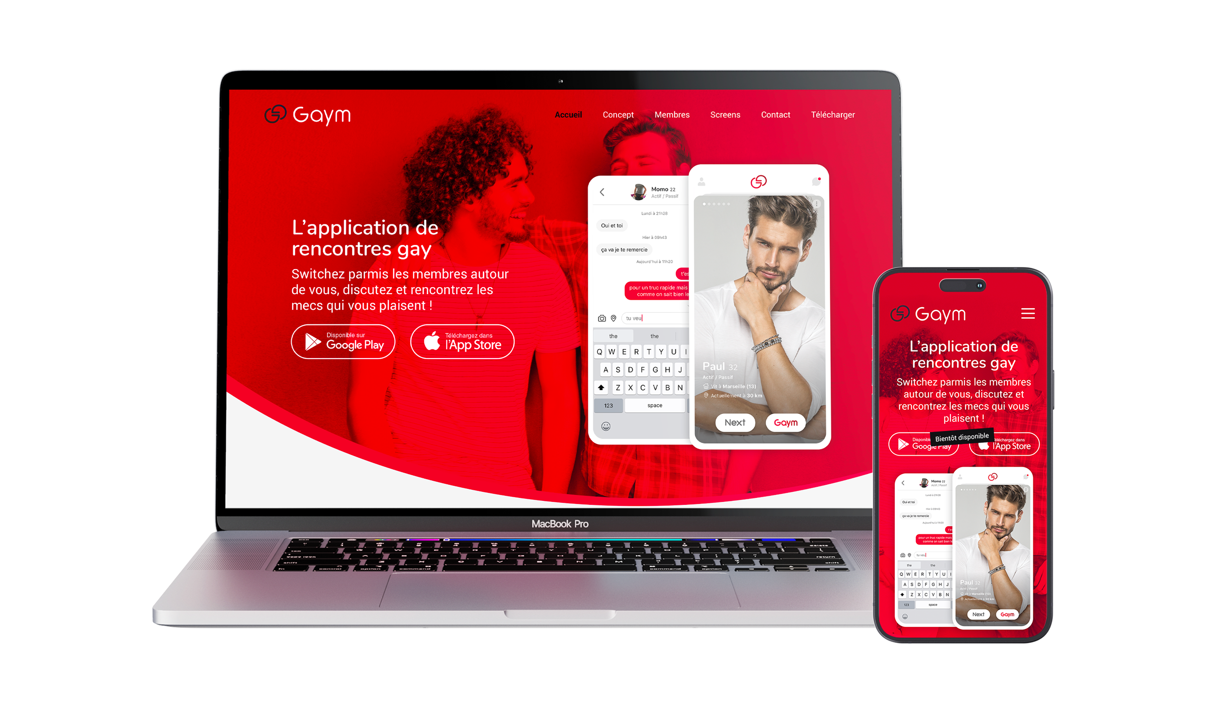 Création de la page d’accueil responsive du site internet de l’application de rencontre Gaym réalisée par un webdesigner freelance à Paris en Île-de-France spécialisé en UX UI design et création de sites web