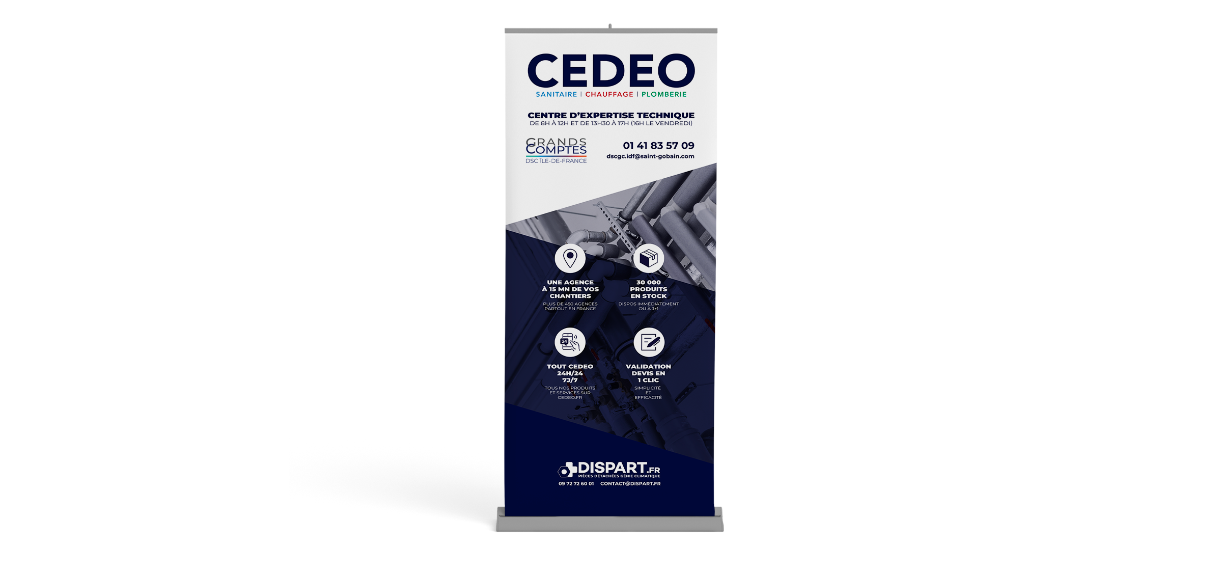 Kakémono professionnel CEDEO conçu par un graphiste freelance en Île-de-France, support de communication grand format pour salon professionnel et événement B2B