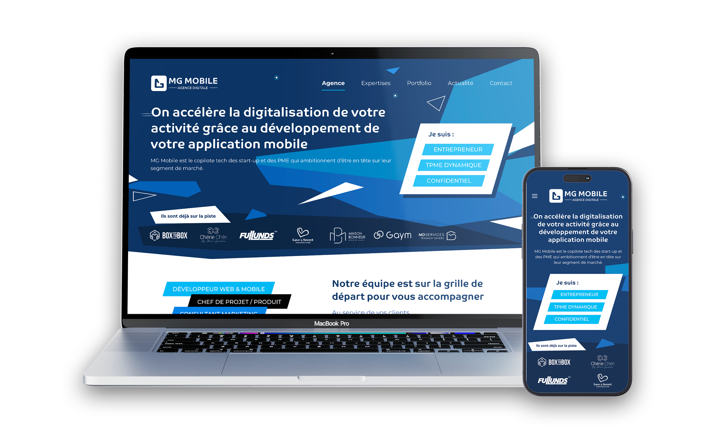 Refonte responsive du site internet MG Mobile affichée sur ordinateur et smartphone réalisée par un webdesigner freelance à Paris en Île-de-France