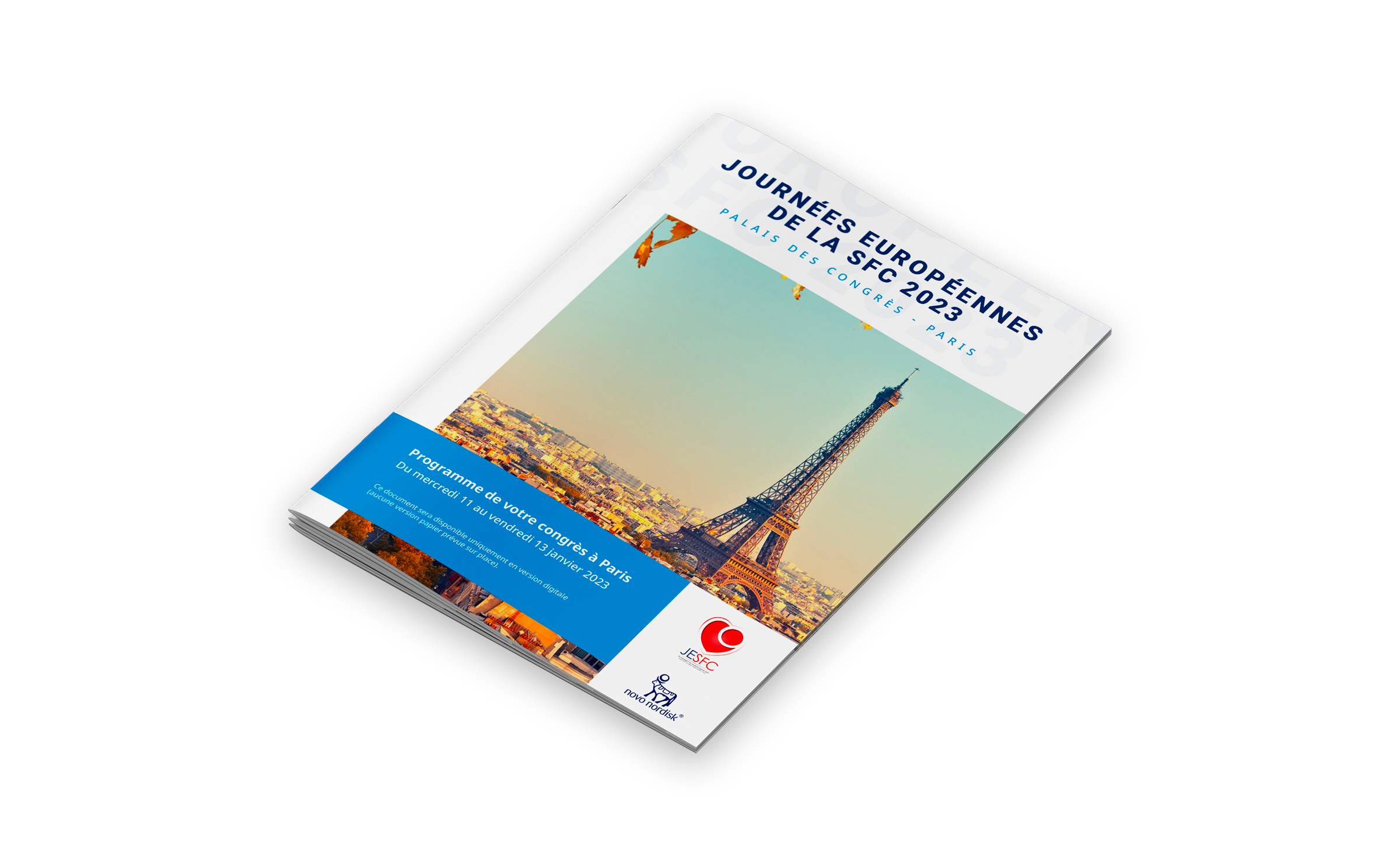 carnet de voyage créé pour un congrès médical Novo Nordisk au Palais des Congrès de Paris par un graphiste freelance spécialisé en mise en page éditoriale en Île-de-France