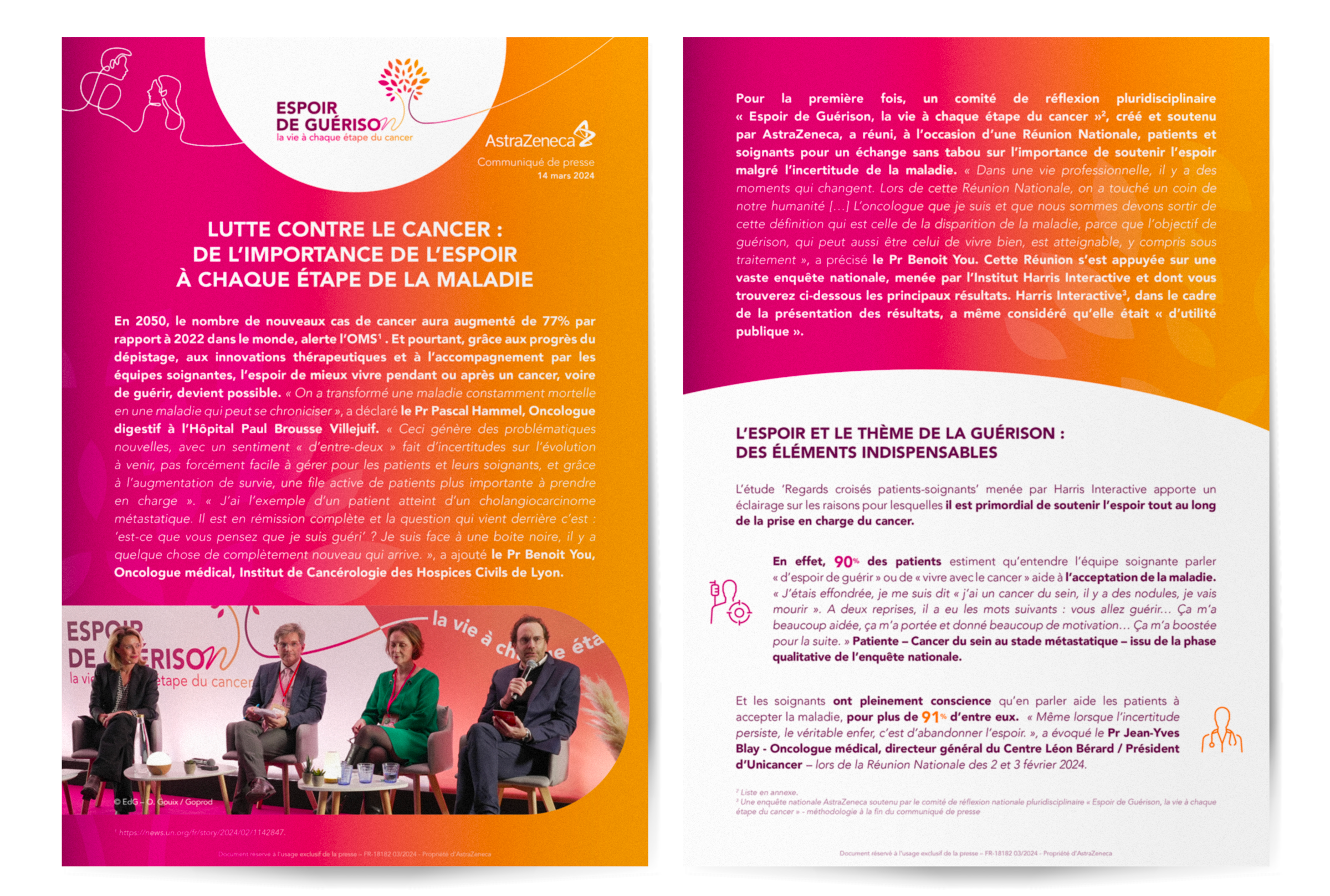 Design éditorial d’un communiqué de presse santé avec statistiques, témoignages et photographies d’experts réalisé en Île-de-France pour AstraZeneca