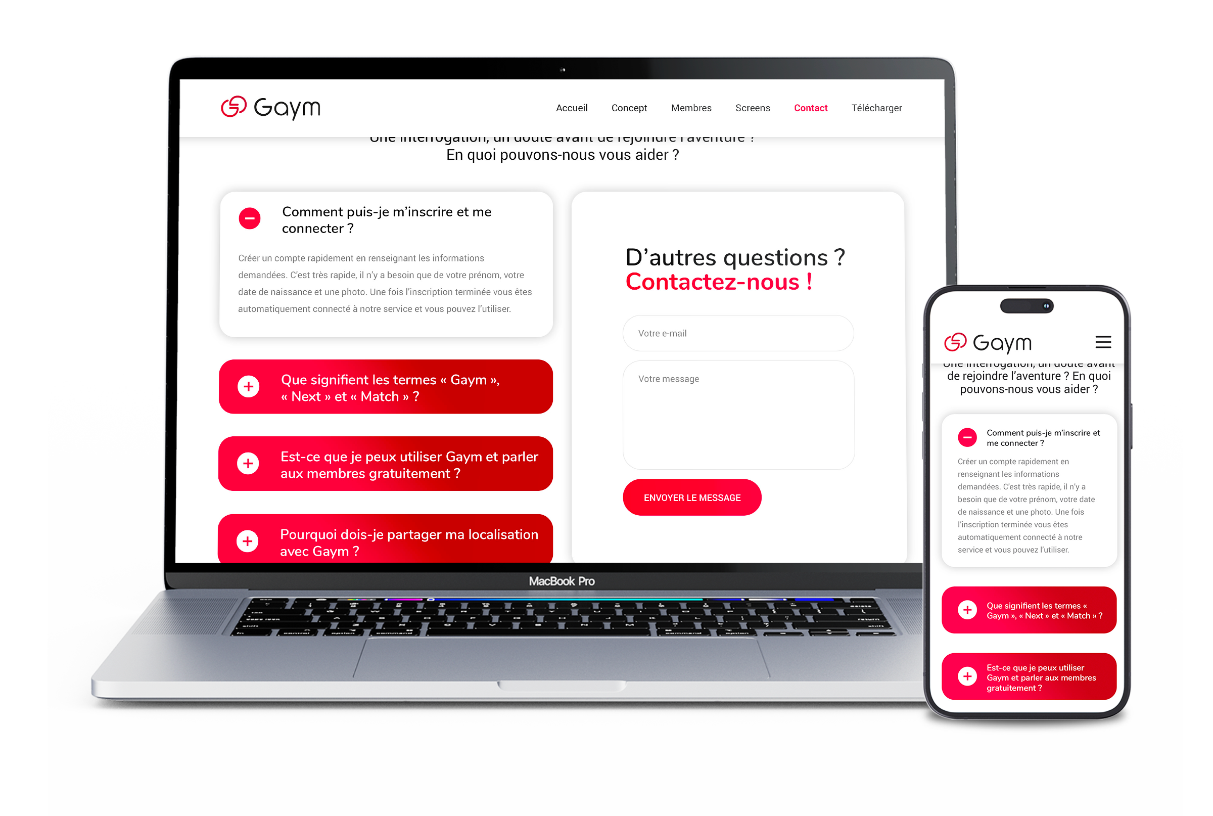 Page FAQ et formulaire de contact du site internet Gaym affichés sur ordinateur et smartphone, conception UX/UI responsive réalisée par un webdesigner freelance à Paris en Île-de-France pour une application de rencontre mobile