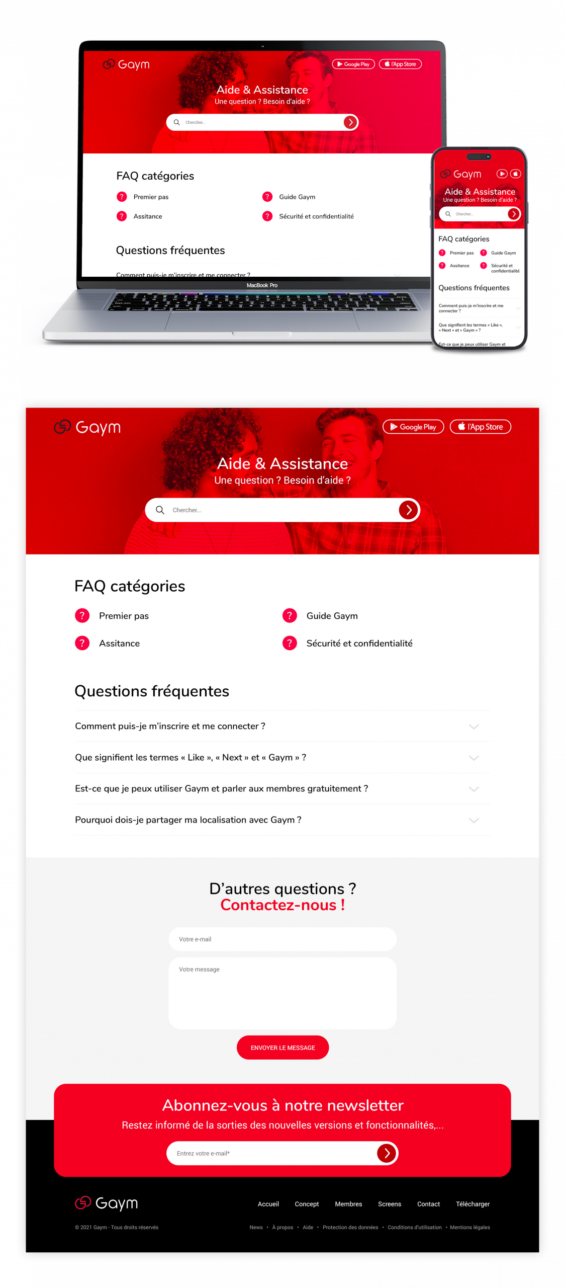 Centre d’aide en ligne et base de connaissances du site Gaym avec FAQ, moteur de recherche et catégories d’assistance, design UX/UI responsive créé par un designer web freelance à Paris en Île-de-France pour une application de rencontre