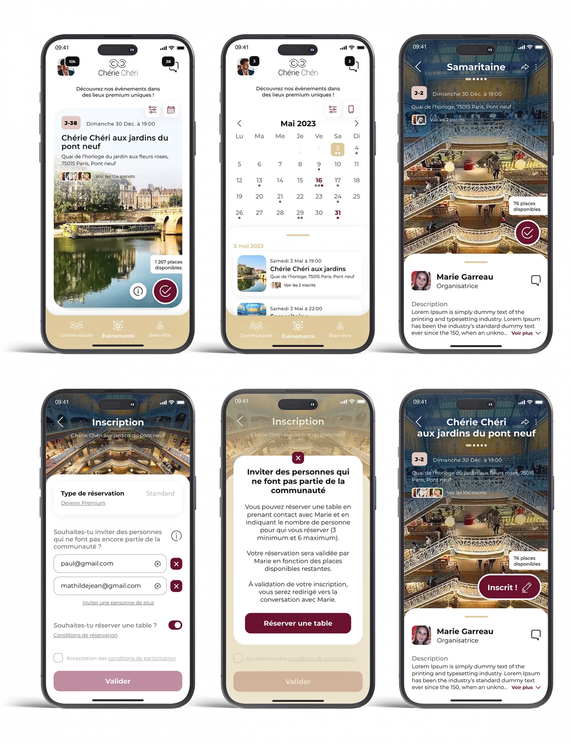 Application mobile événementielle avec calendrier, réservation et fiches d’événements conçue par un UX UI designer à Paris en France