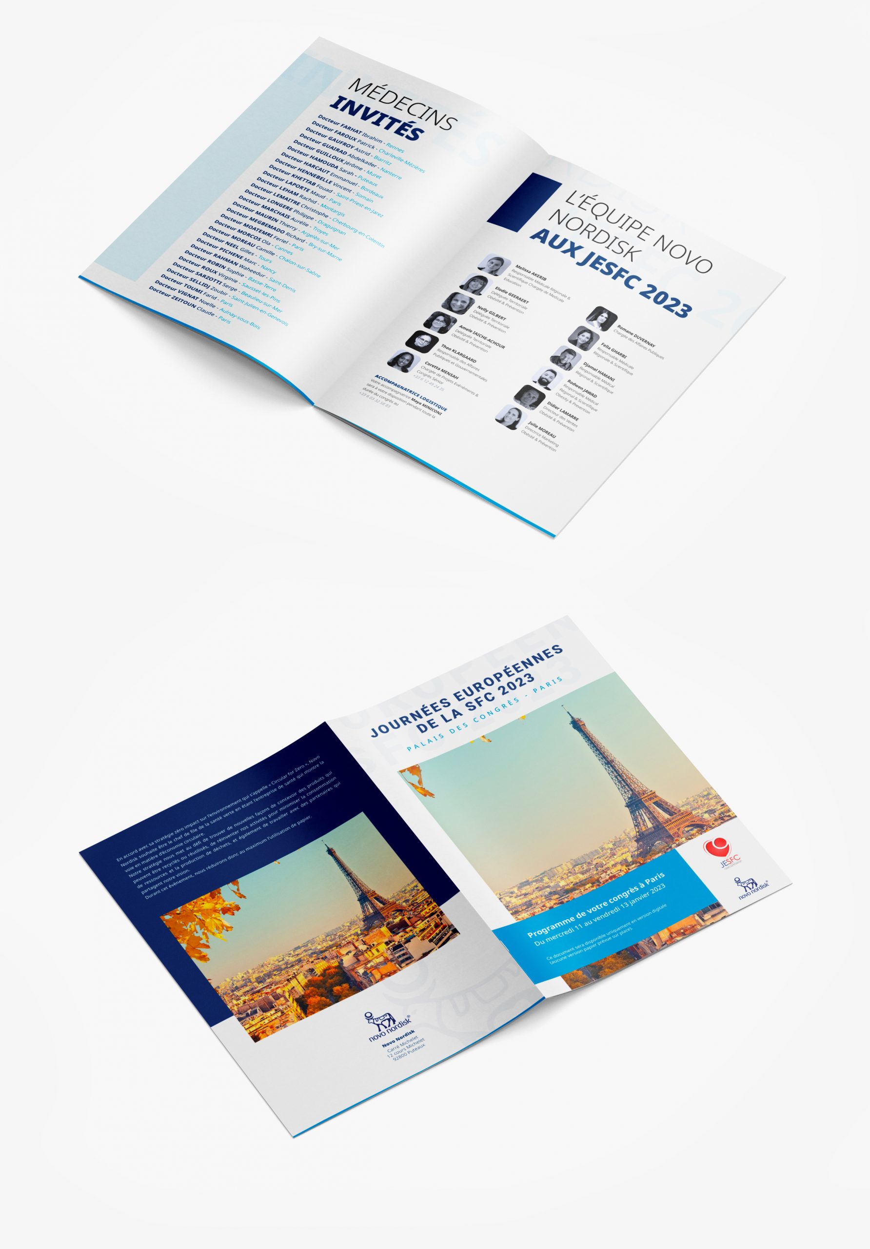 Charte graphique et carnet de voyage pour congrès médical Novo Nordisk conçus par un graphiste freelance à Paris spécialisé en communication événementielle et édition professionnelle en France