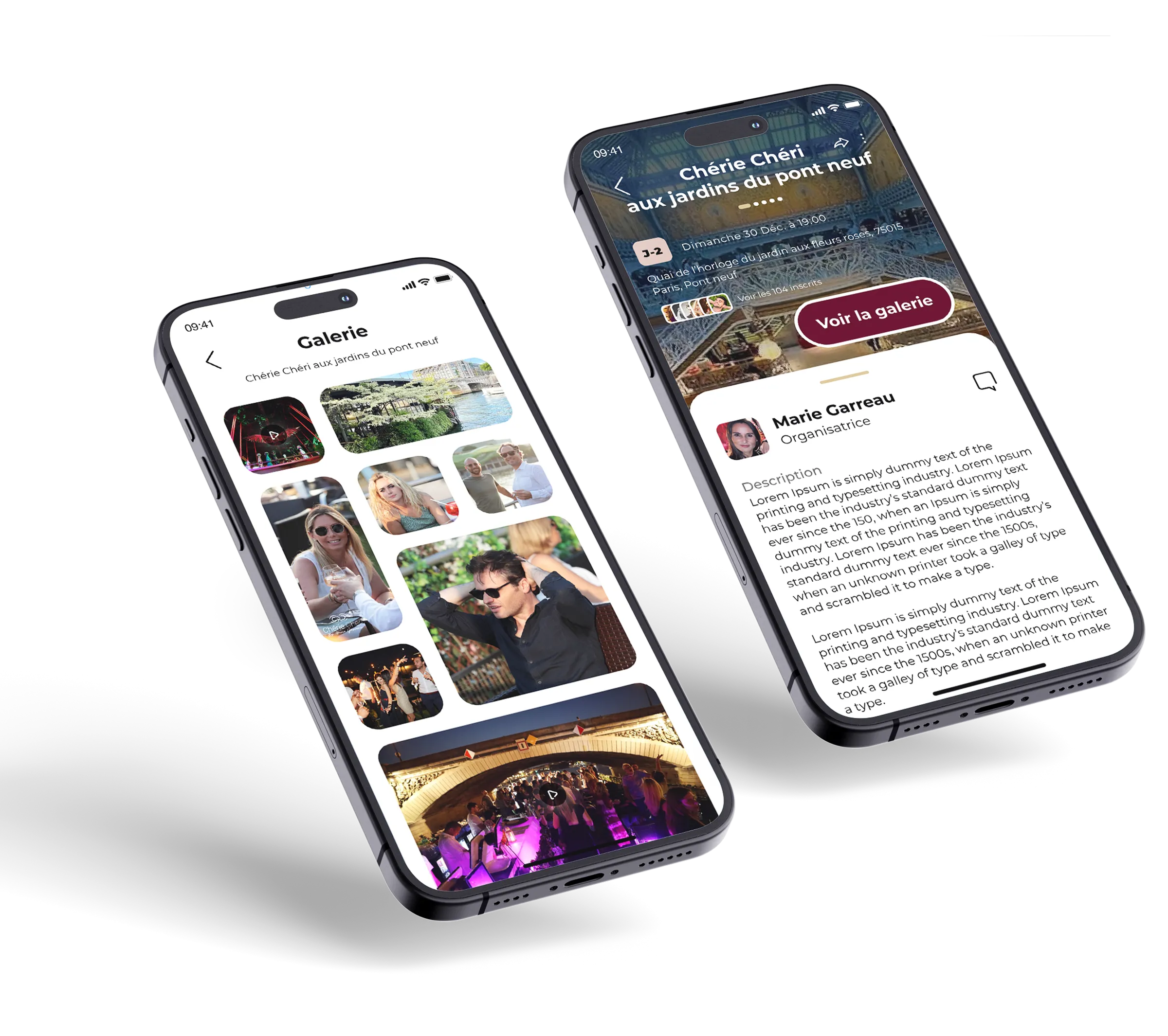 Écrans UX UI d’événements premium avec galerie photo et réservation conçus pour une application mobile en région parisienne