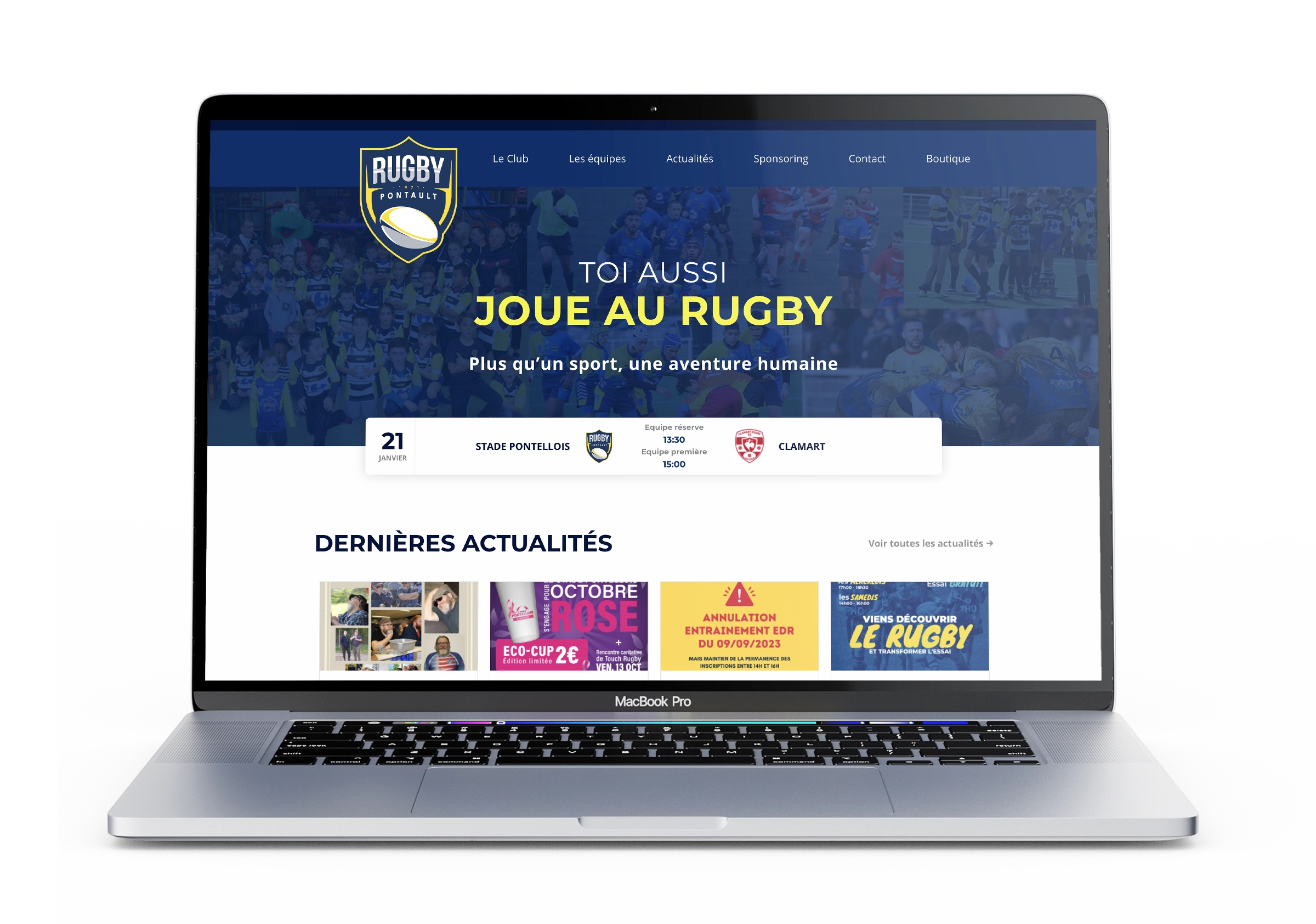 Mockup de logo du Rugby Club de Pontault-Combault appliqué sur un maillot sportif bleu, création graphique réalisée en Île-de-France
