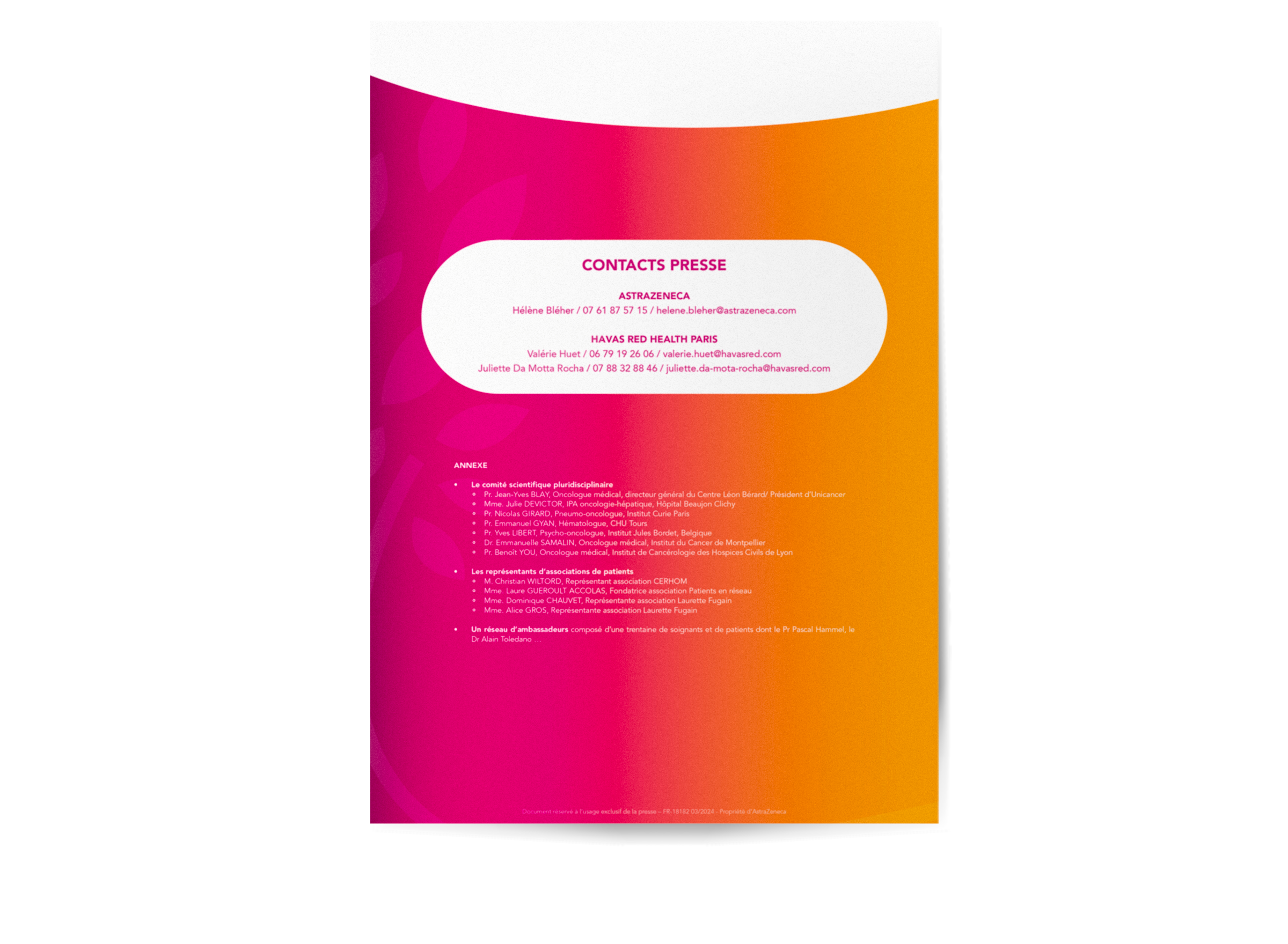 Page de contacts presse d’un communiqué de presse AstraZeneca conçue par un graphiste freelance spécialisé en communication institutionnelle à Paris et en France