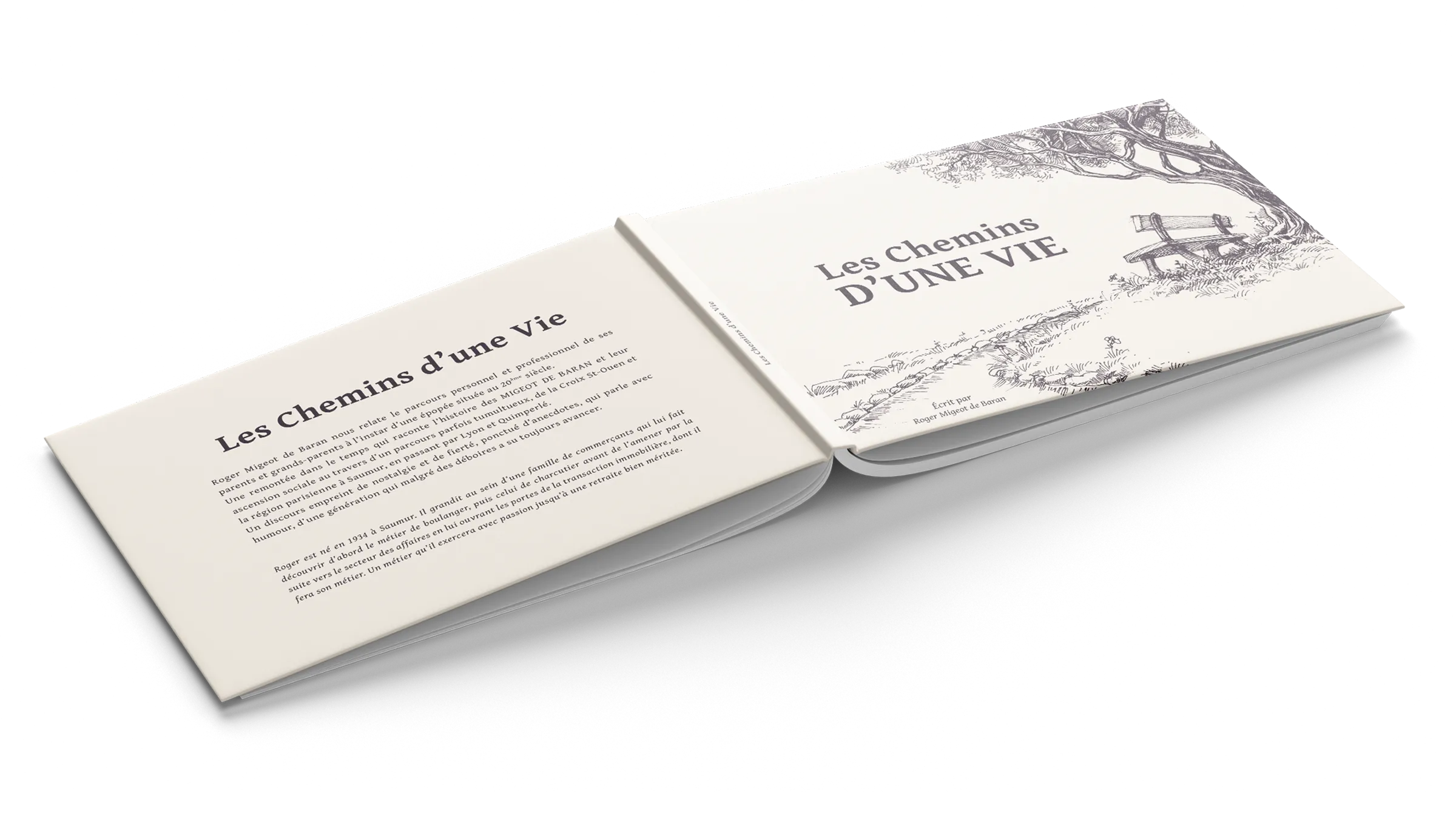 Livre biographique personnalisé avec couverture et mise en page professionnelle conçu par un graphiste éditorial à Paris et en Île-de-France