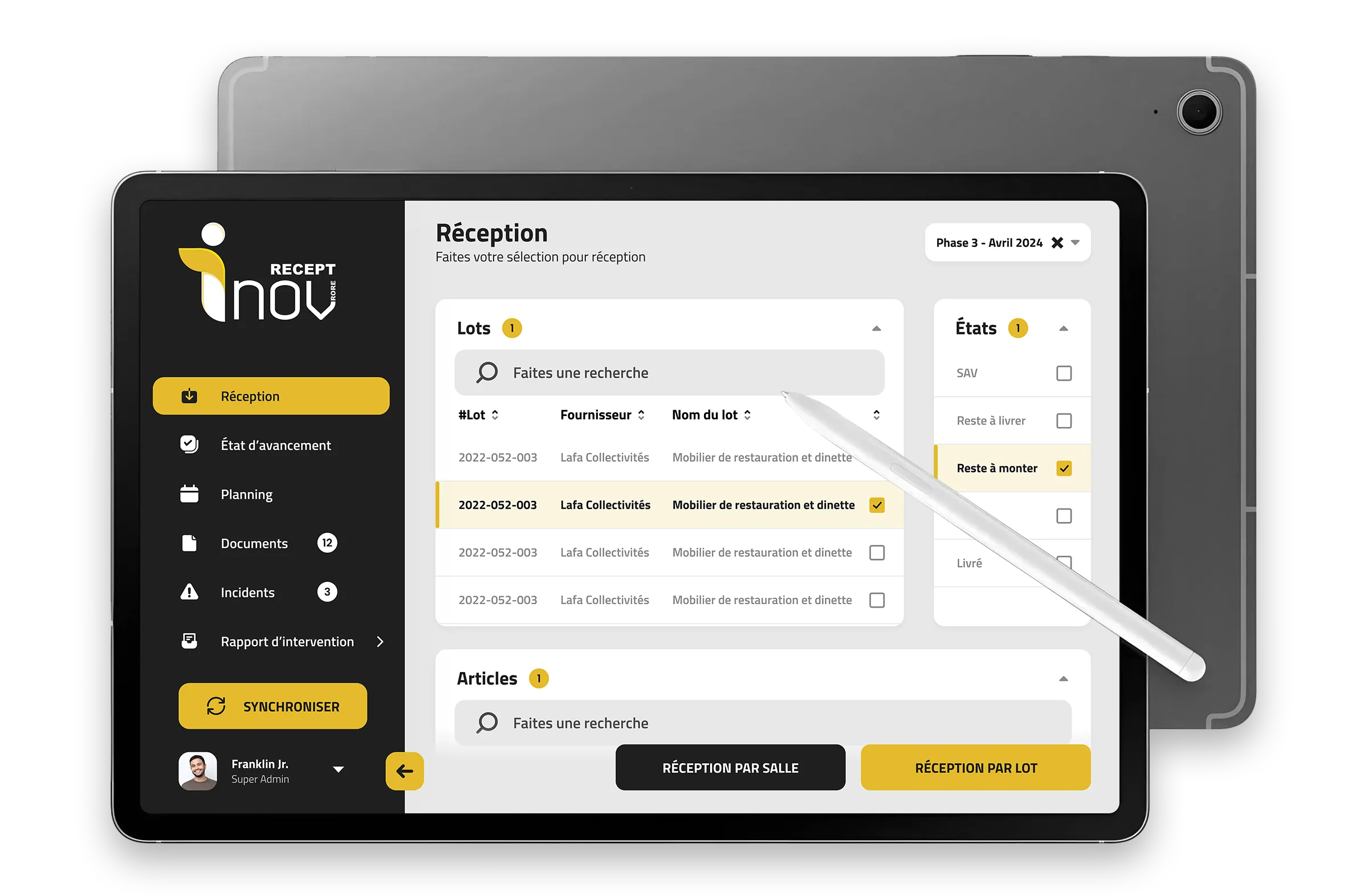 Interface UX UI de réception de mobilier sur tablette créée par un designer freelance à Paris spécialisé en logiciels métiers et applications professionnelles