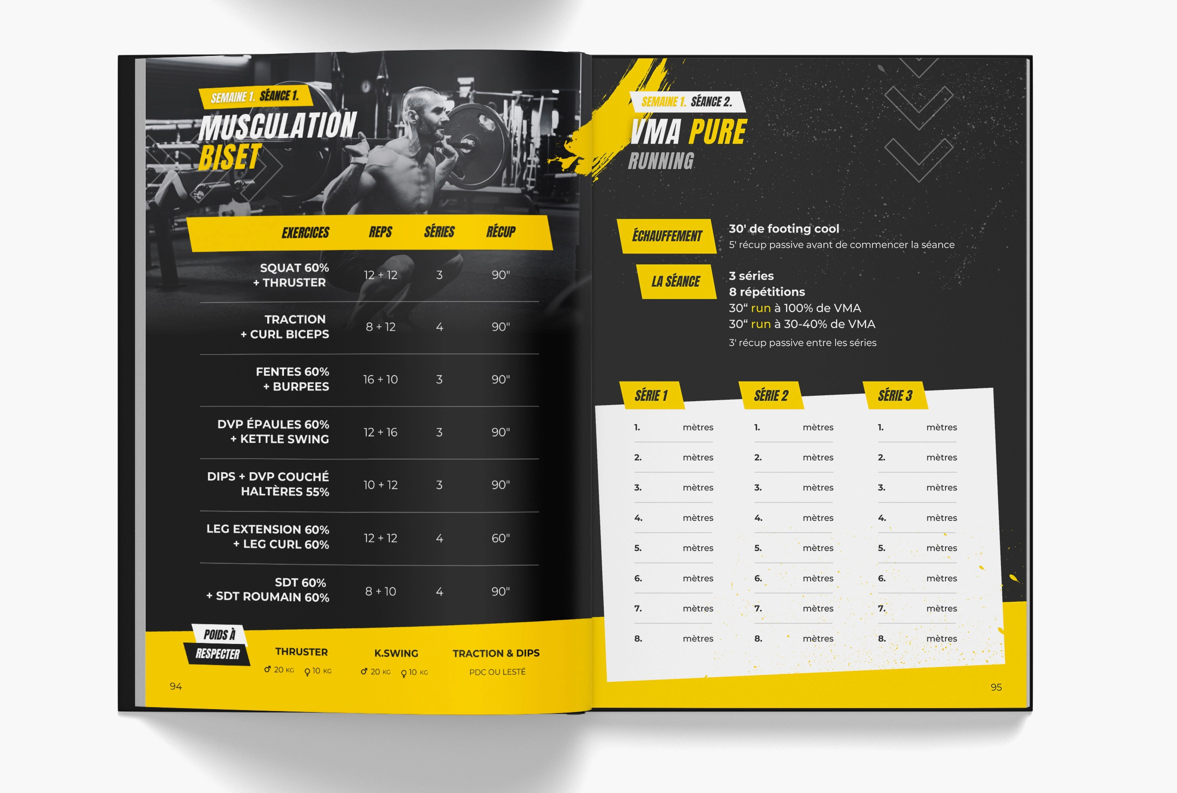 Mise en page de séances sportives et tableaux d’exercices réalisée par un graphiste freelance en France spécialisé en édition et communication sportive