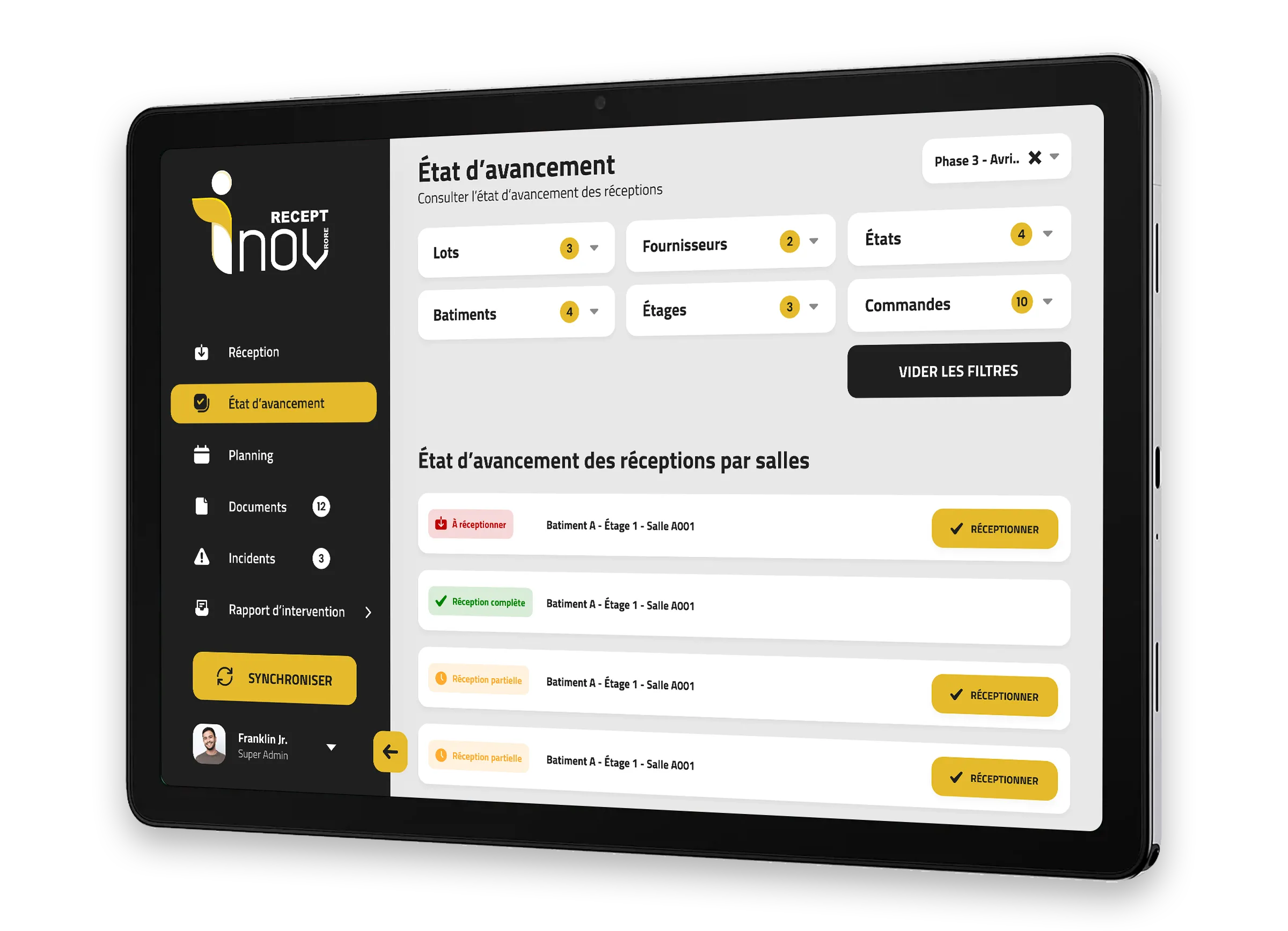 Planning interactif d'une application tablette professionnelle conçu par un UX UI Designer freelance à Paris spécialisé dans les interfaces métiers