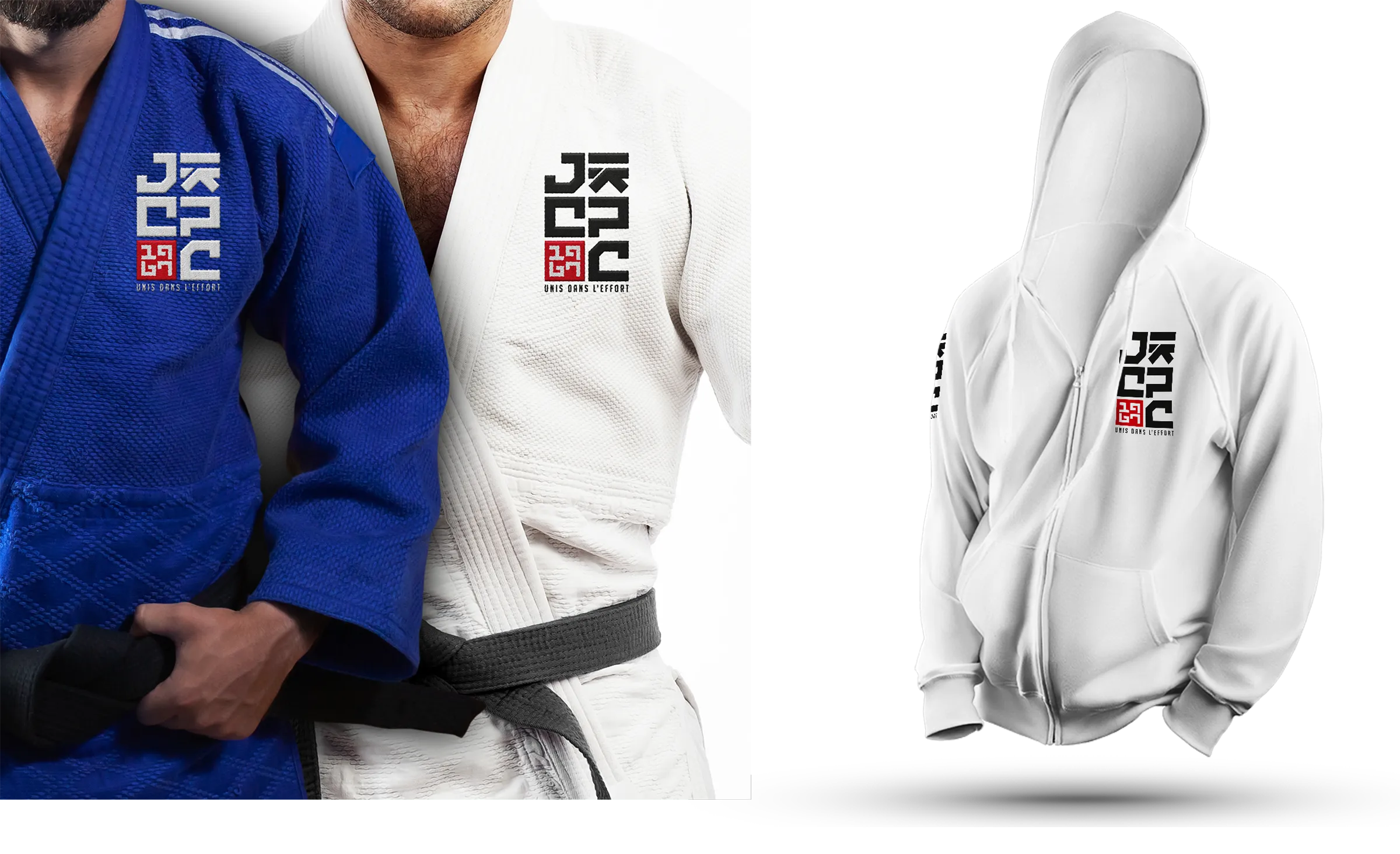 Logo JCPC appliqué sur kimono et sweat de judo créé par un graphiste sportif en Île-de-France pour le Judo Club Pontault-Combault