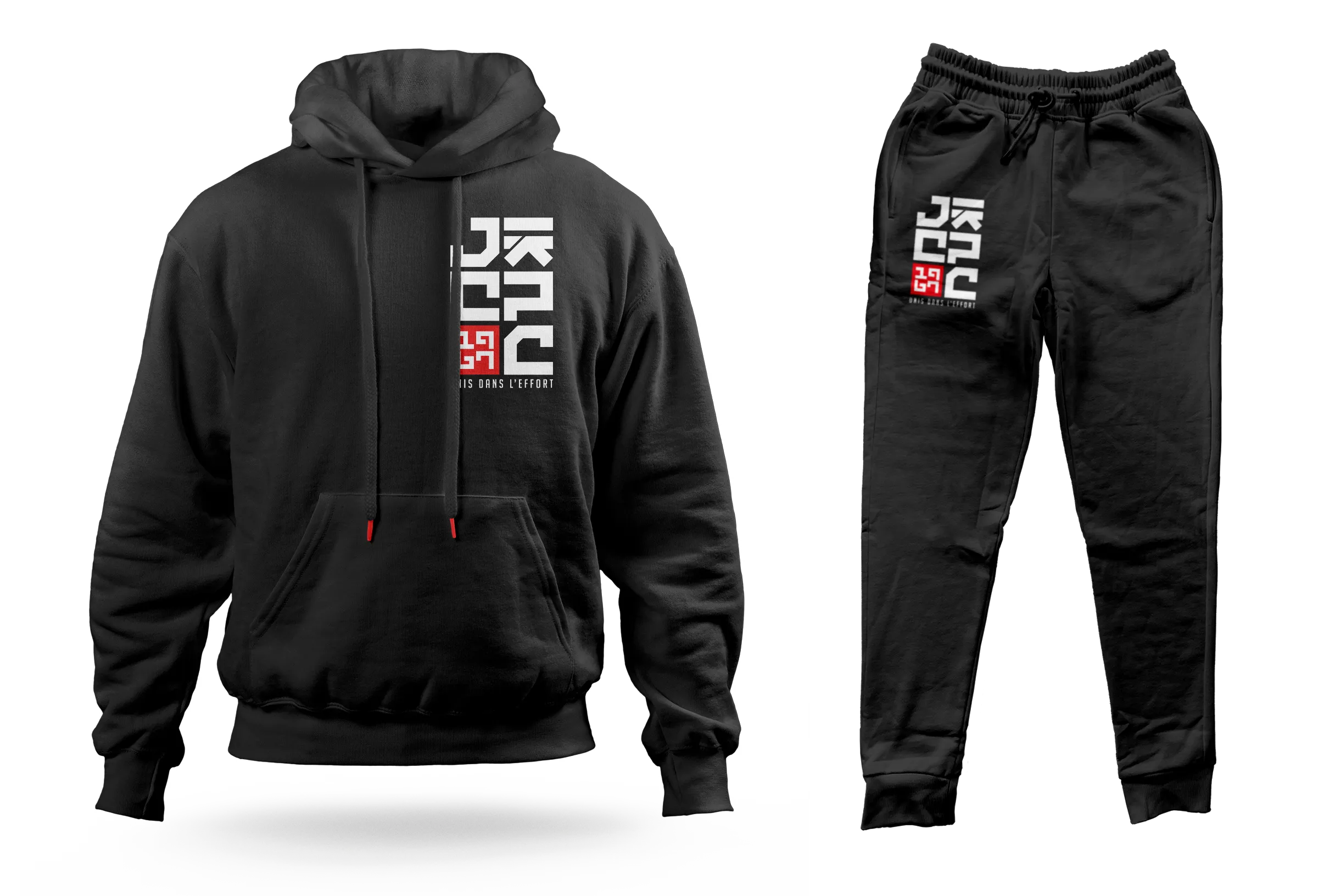 Collection textile du Judo Club Pontault-Combault avec logo créé par un graphiste spécialisé en identité de marque sportive en France